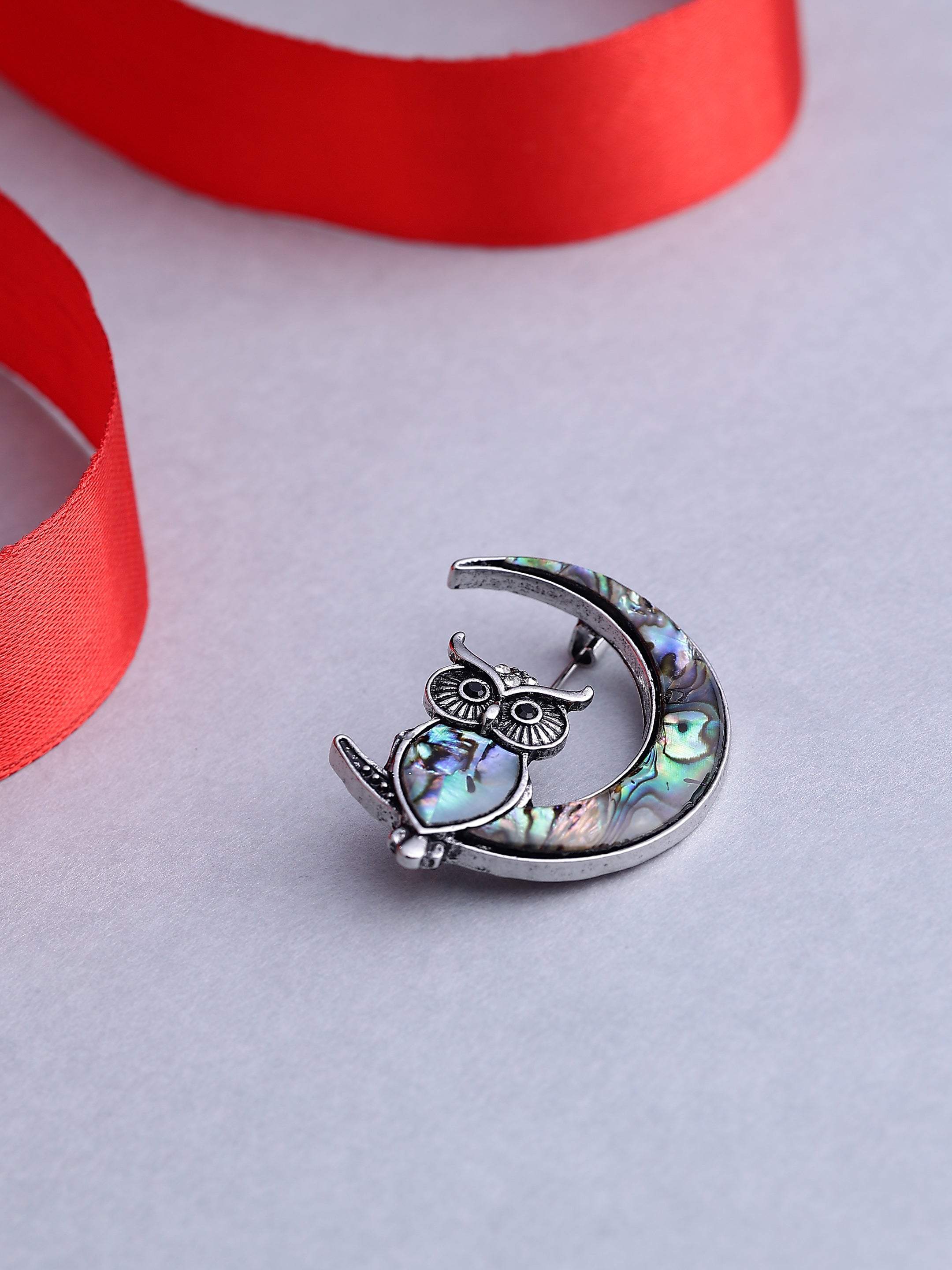 Abalone Shell Owl & Crescent Moon Brooch