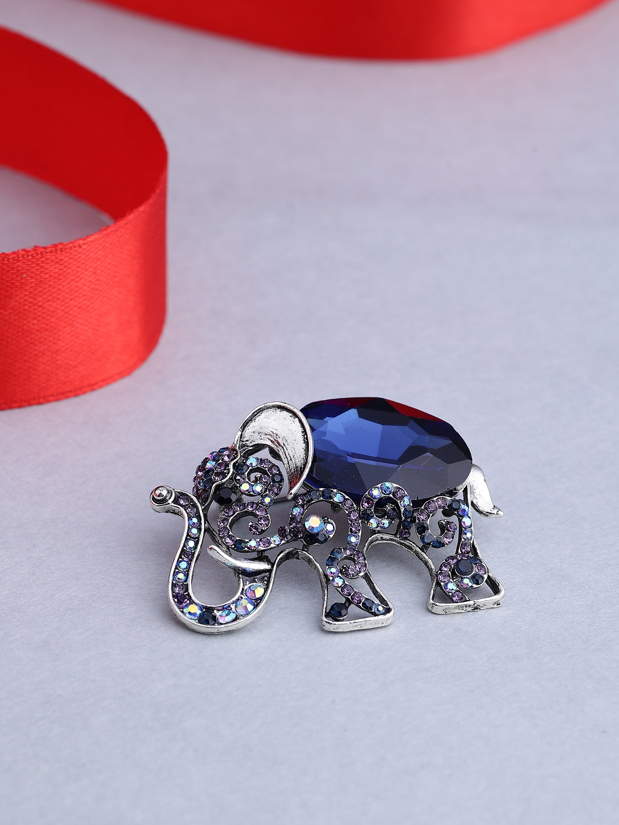 Majestic Blue Crystal Elephant Brooch