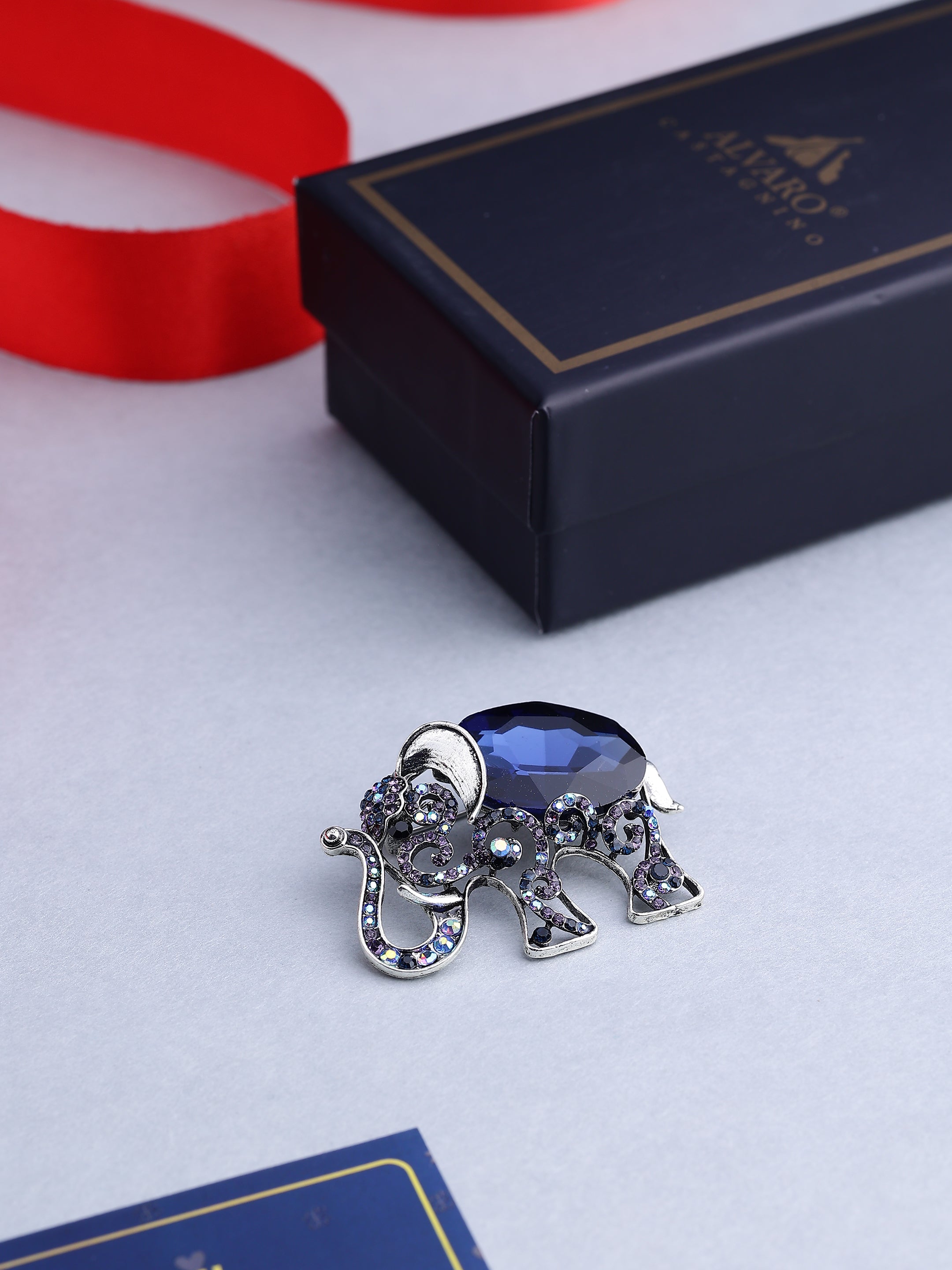 Majestic Blue Crystal Elephant Brooch