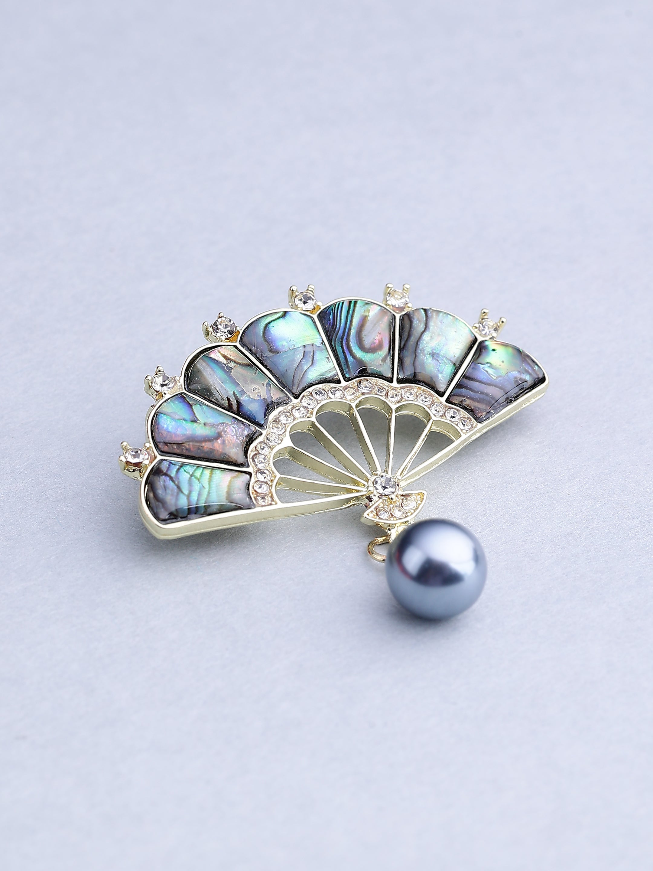 Abalone Shell and Pearl Folding Fan Brooch