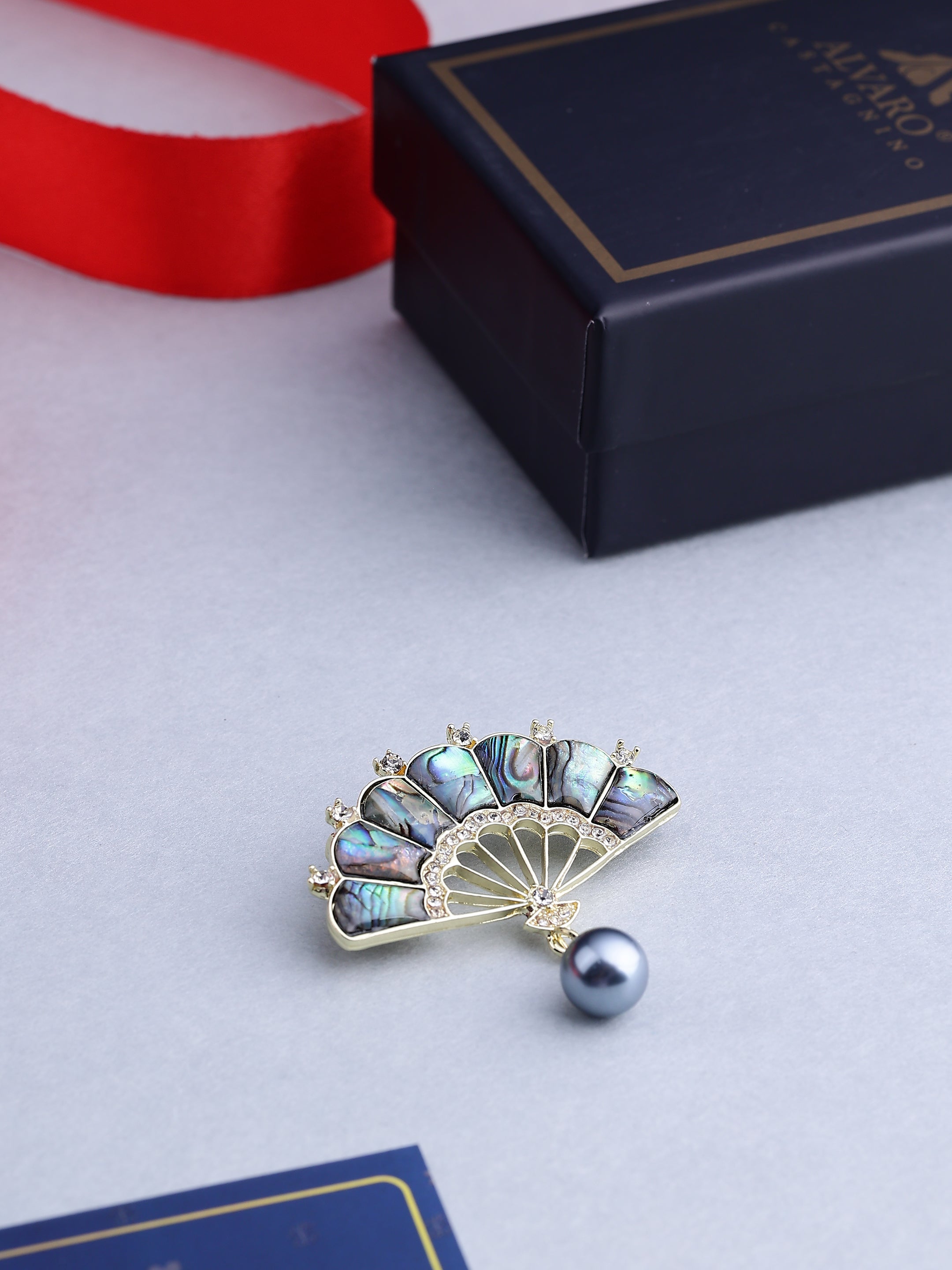 Abalone Shell and Pearl Folding Fan Brooch
