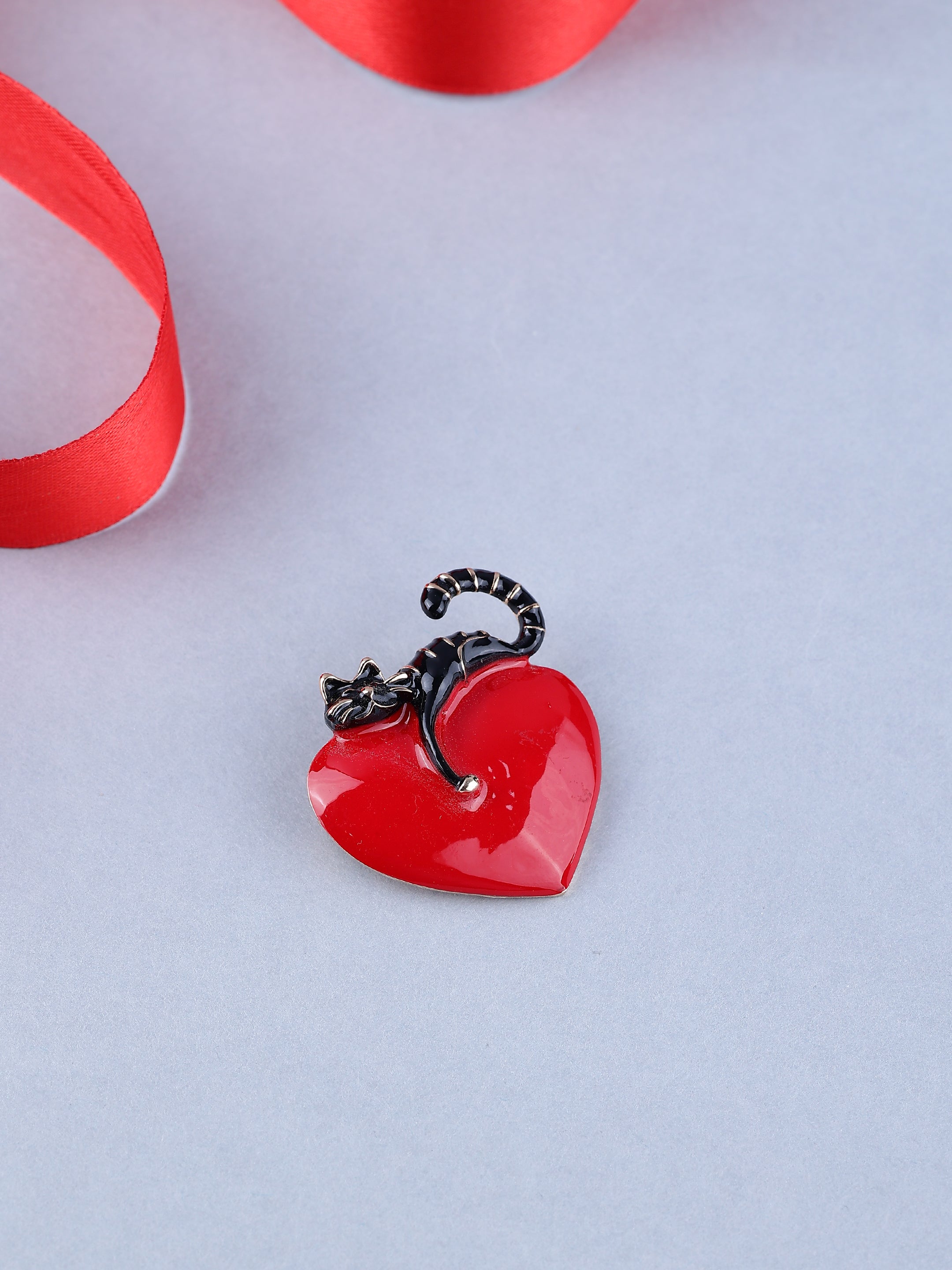 Charming Cat on a Heart Enamel Brooch