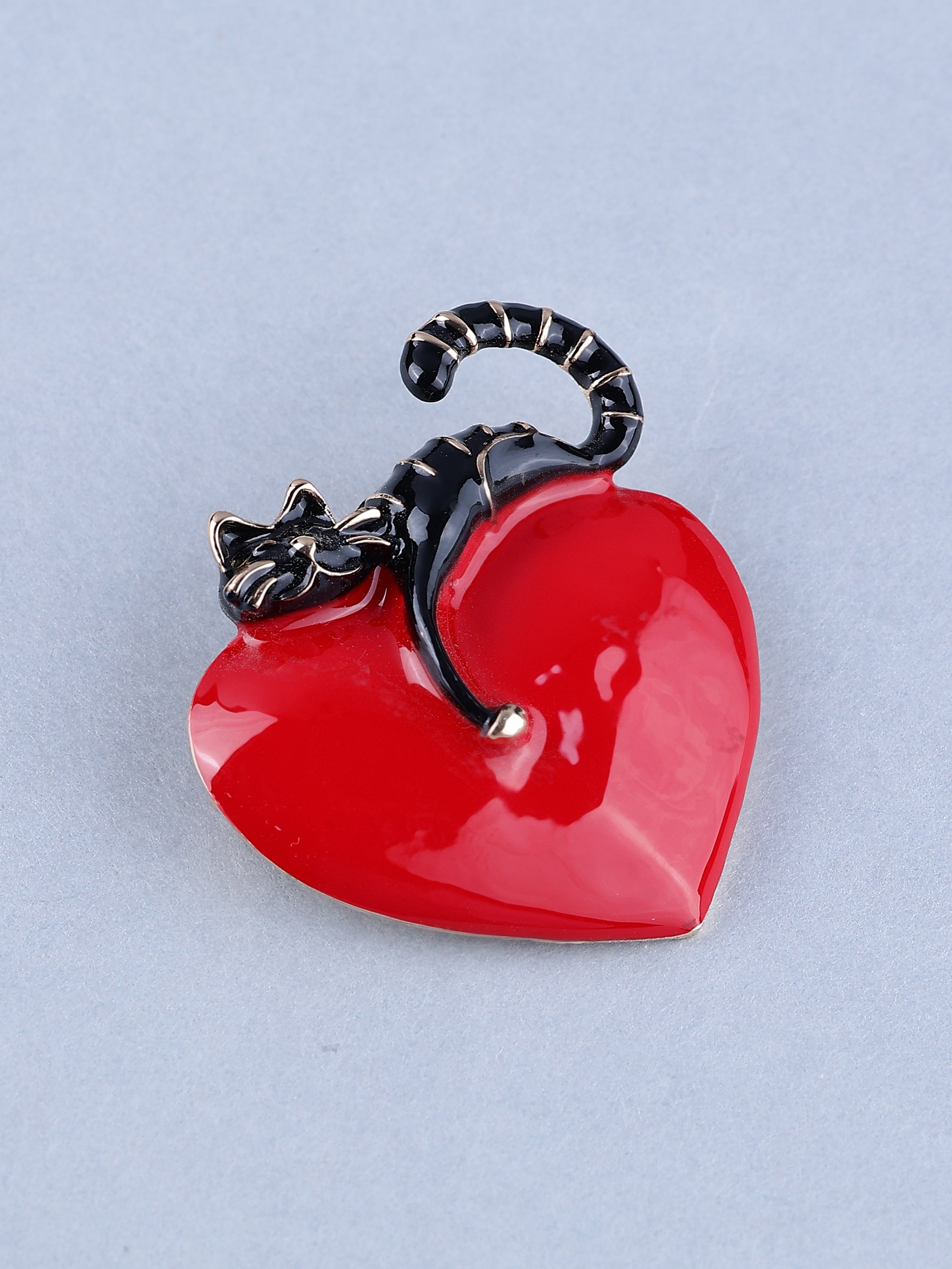 Charming Cat on a Heart Enamel Brooch