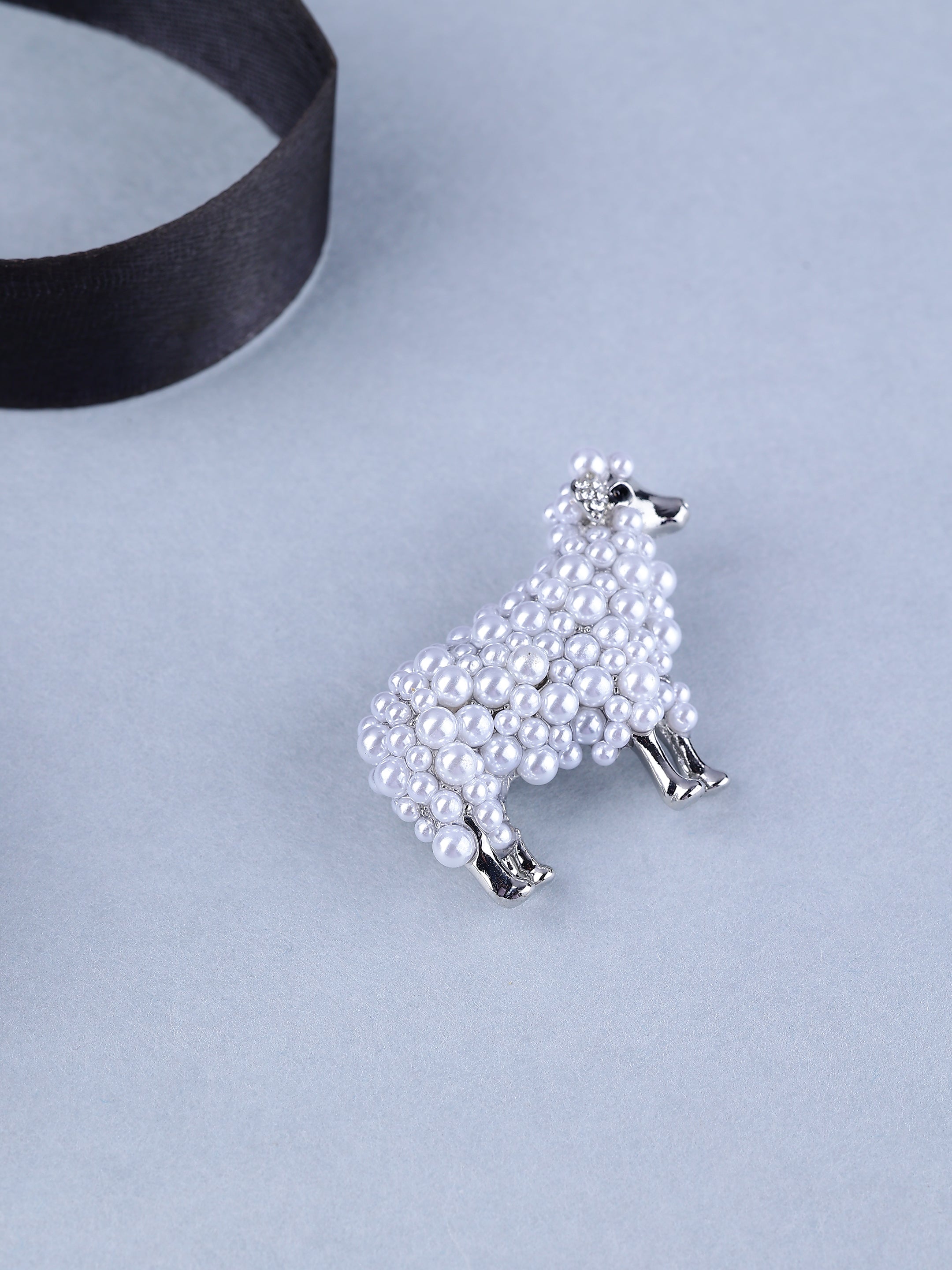 Silver-Toned Pearl Sheep Brooch
