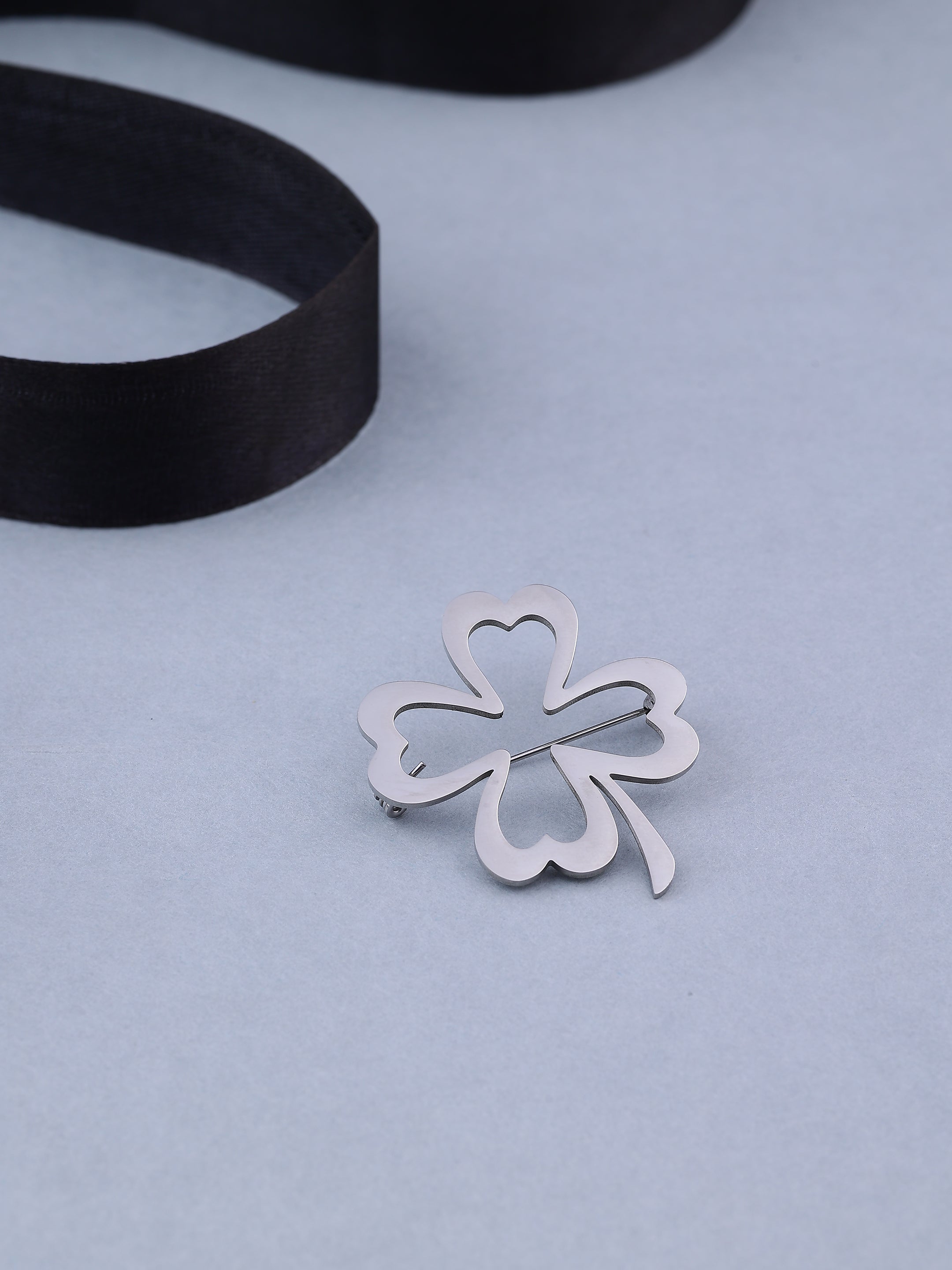 Silver-Toned Four-Leaf Clover Brooch