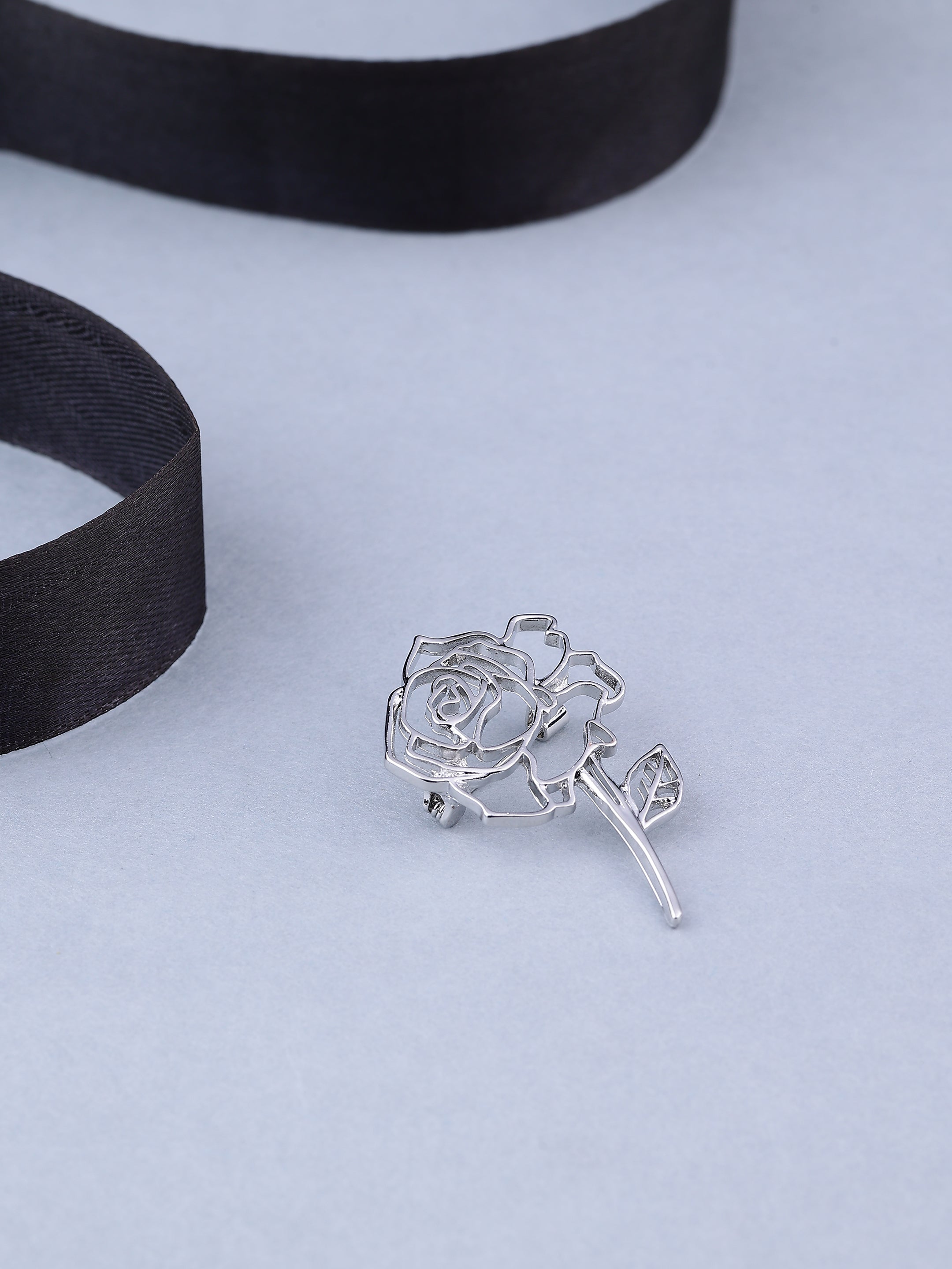 Silver Cutout Rose Brooch