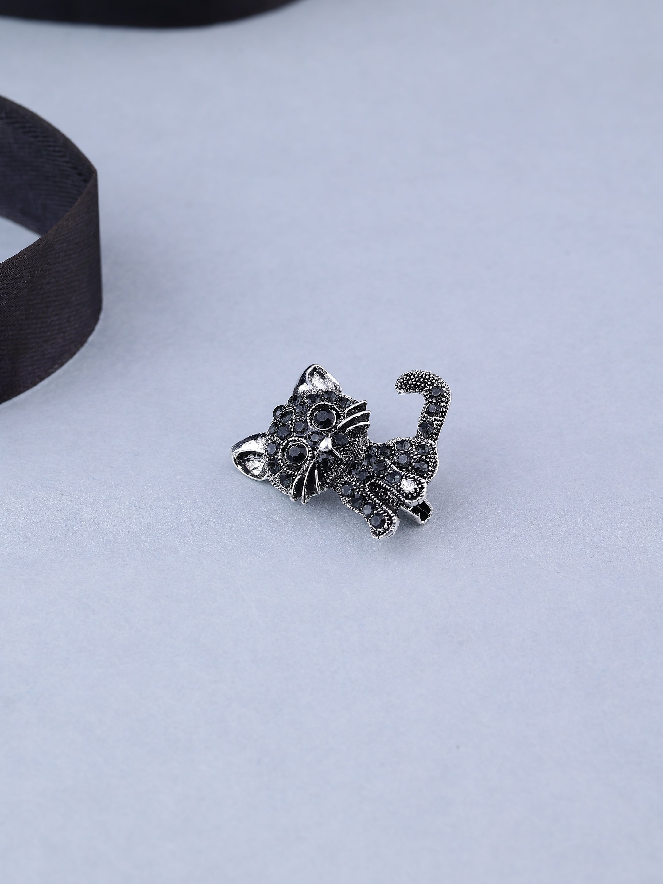 Silver Crystal Cat Premium Brooch
