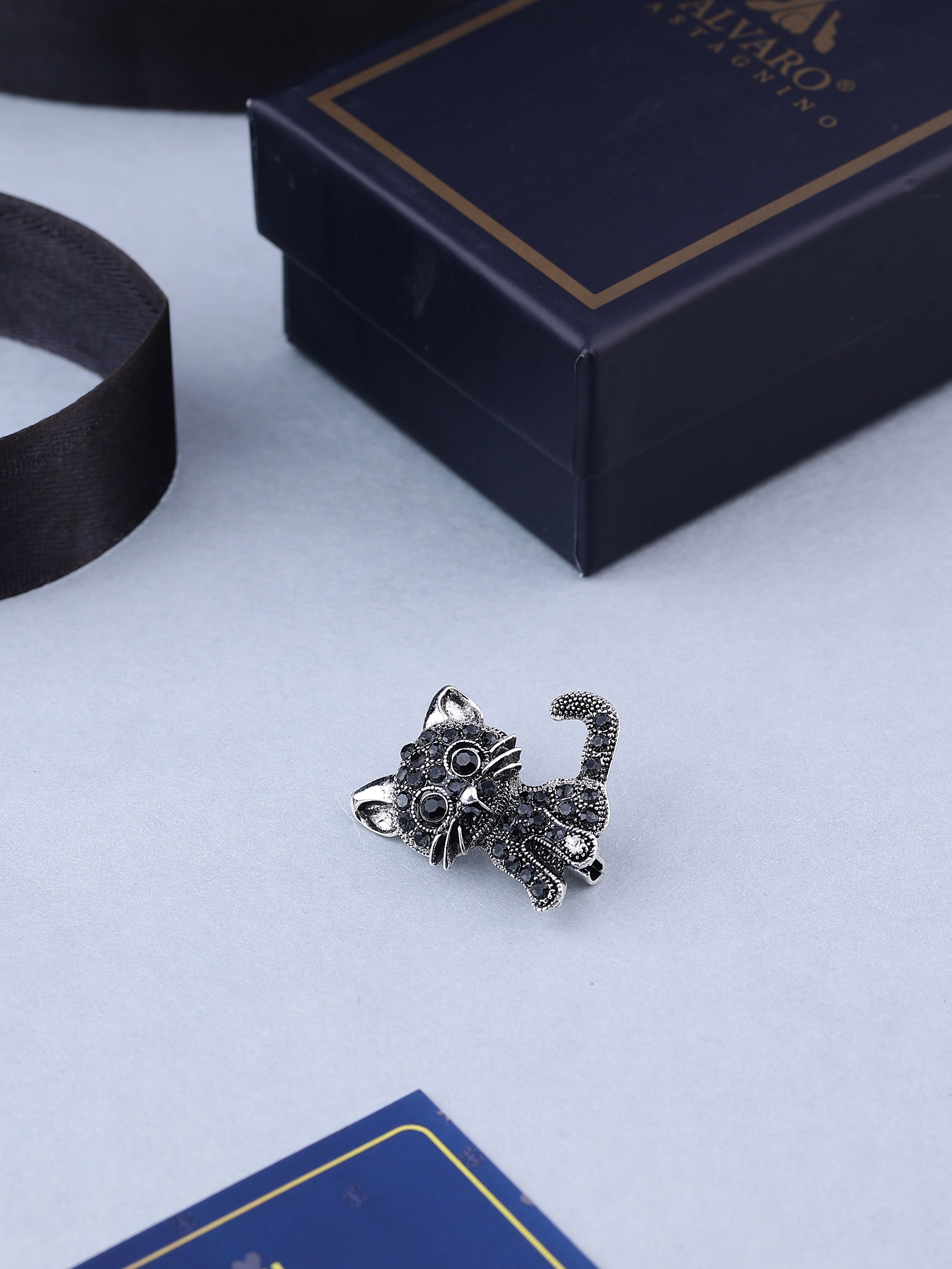 Silver Crystal Cat Premium Brooch