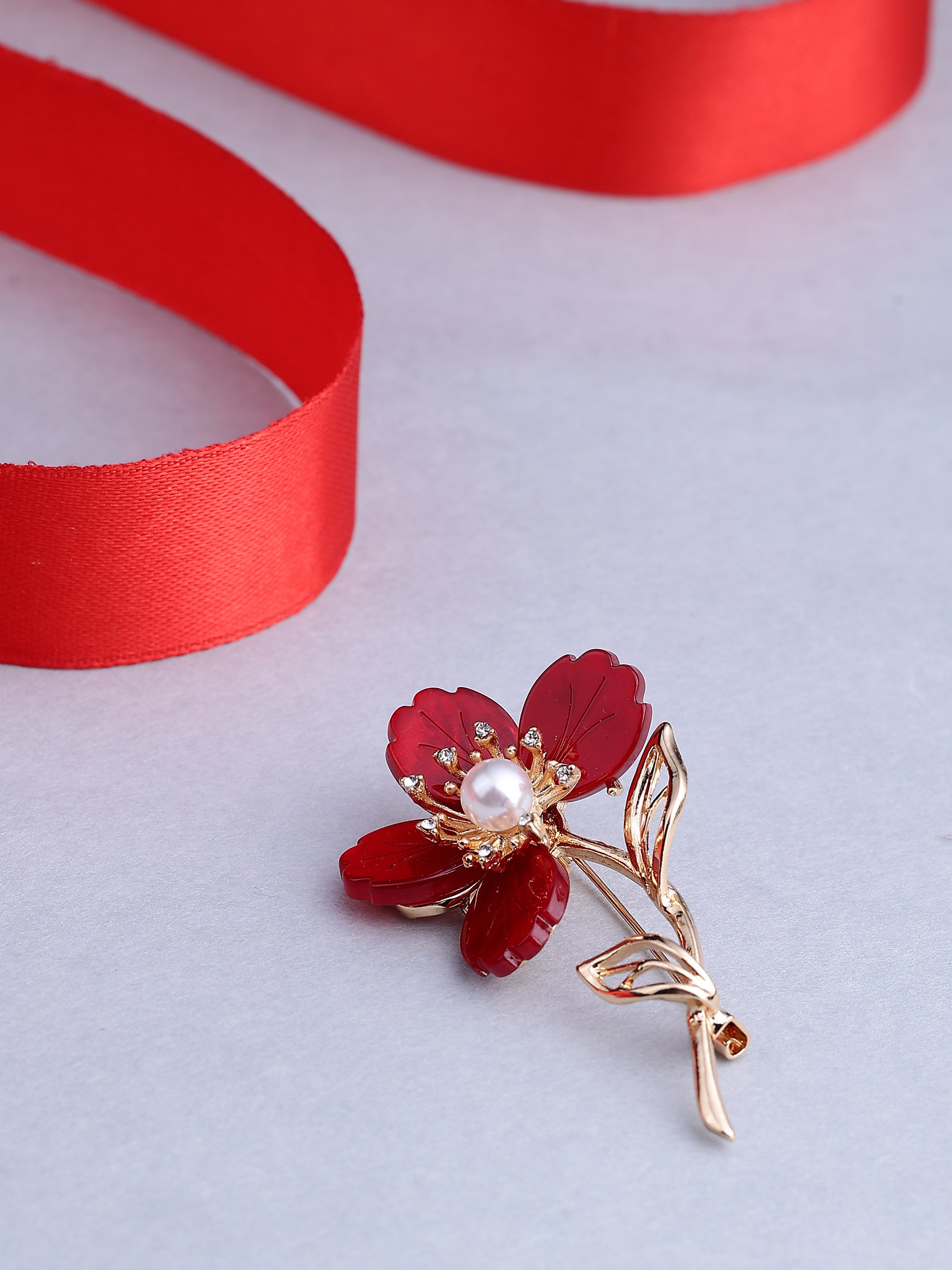 Red Blossom Pearl Brooch