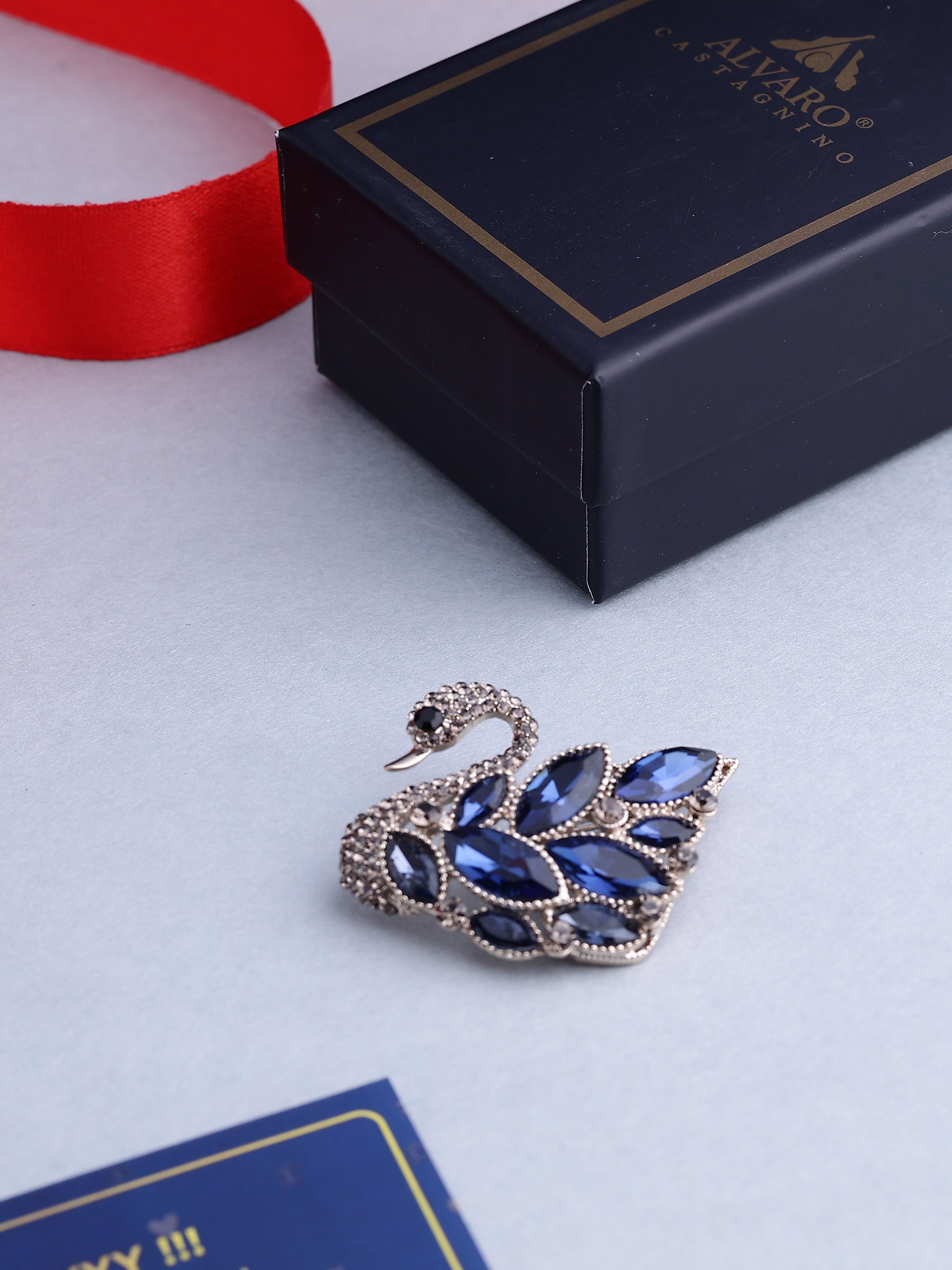 Royal Blue Crystal Swan Brooch