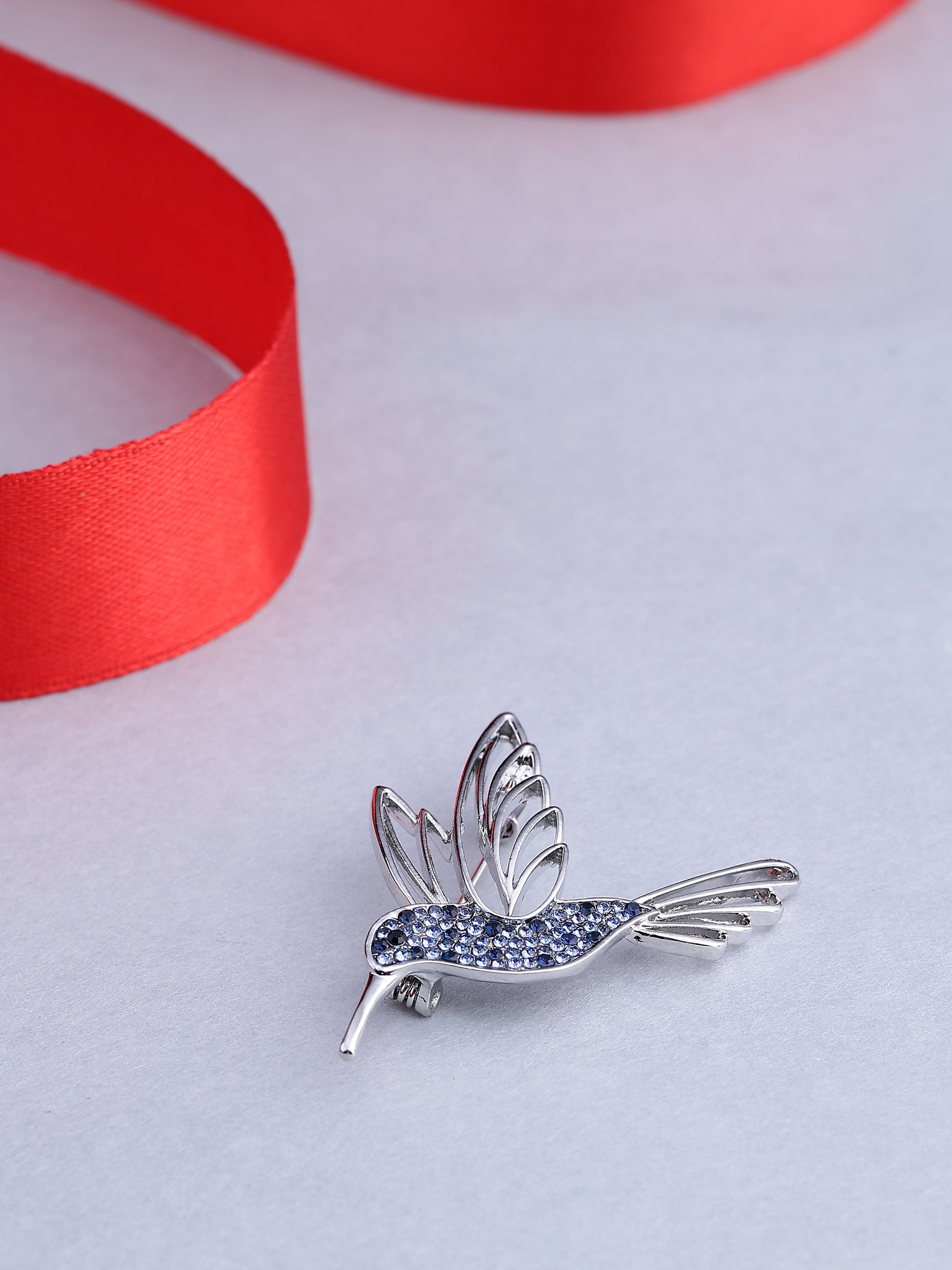 Silver Hummingbird Crystal Brooch