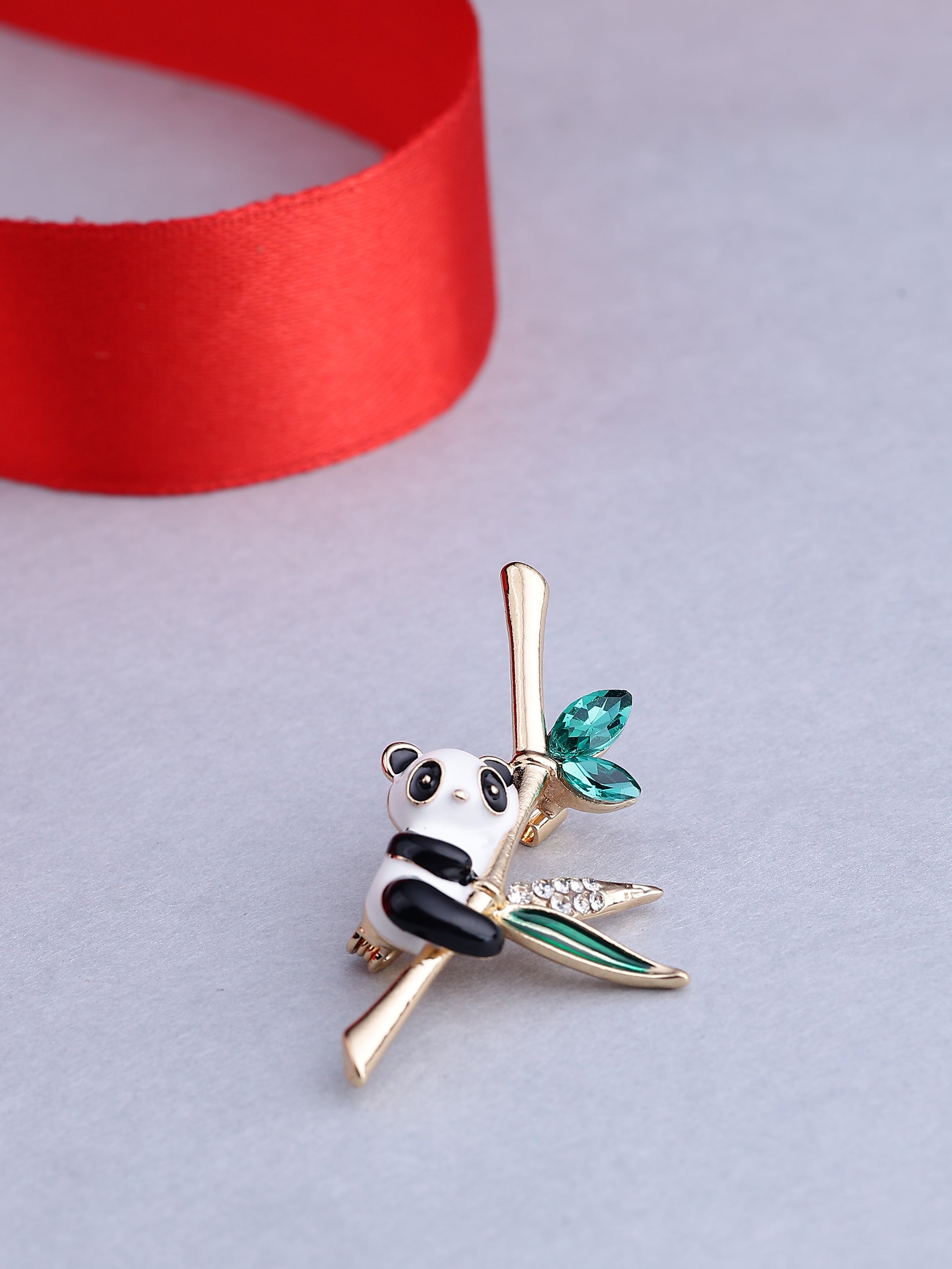 Playful Panda on Bamboo Brooch