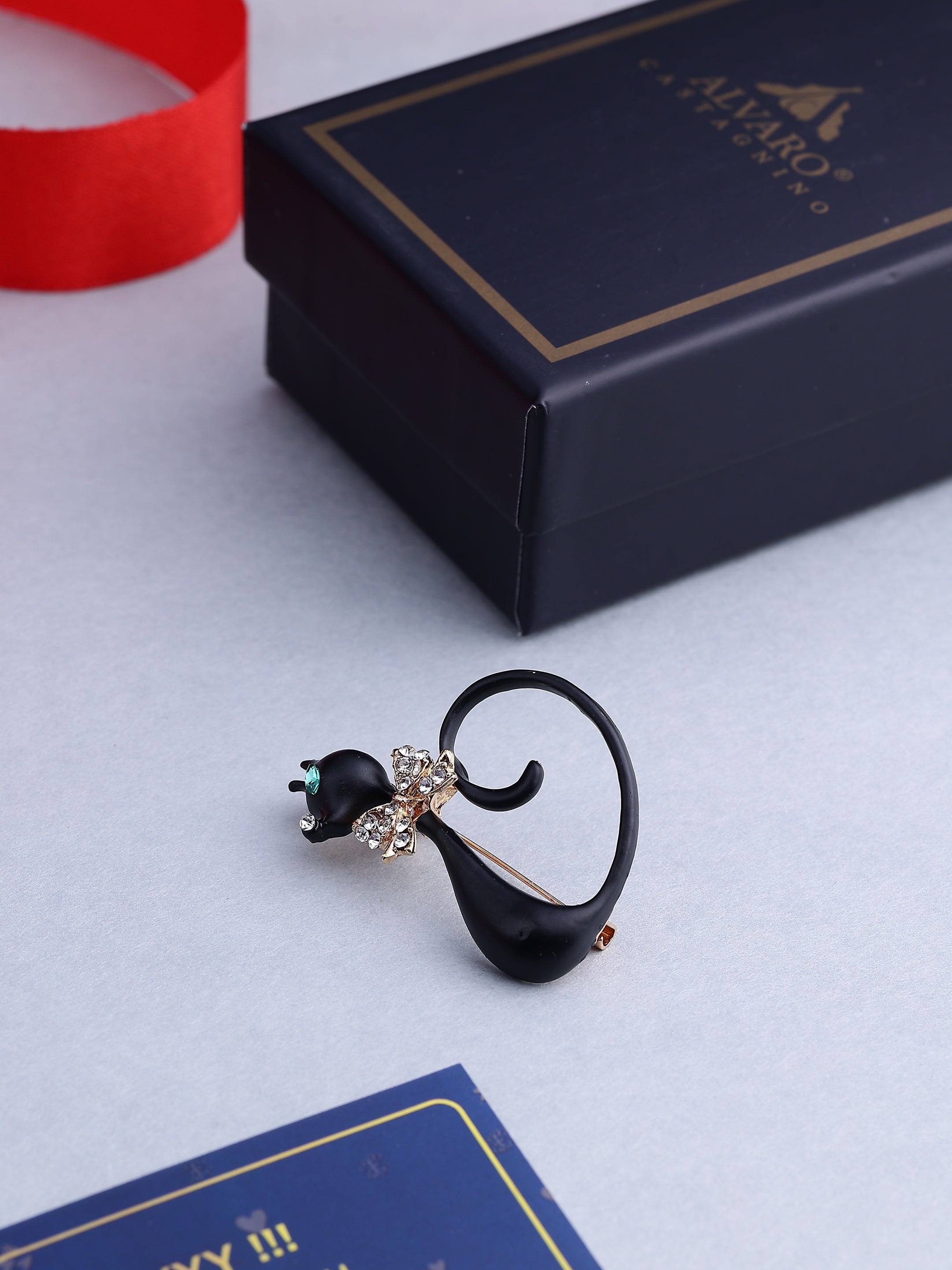 Elegant Black Cat Enamel Brooch