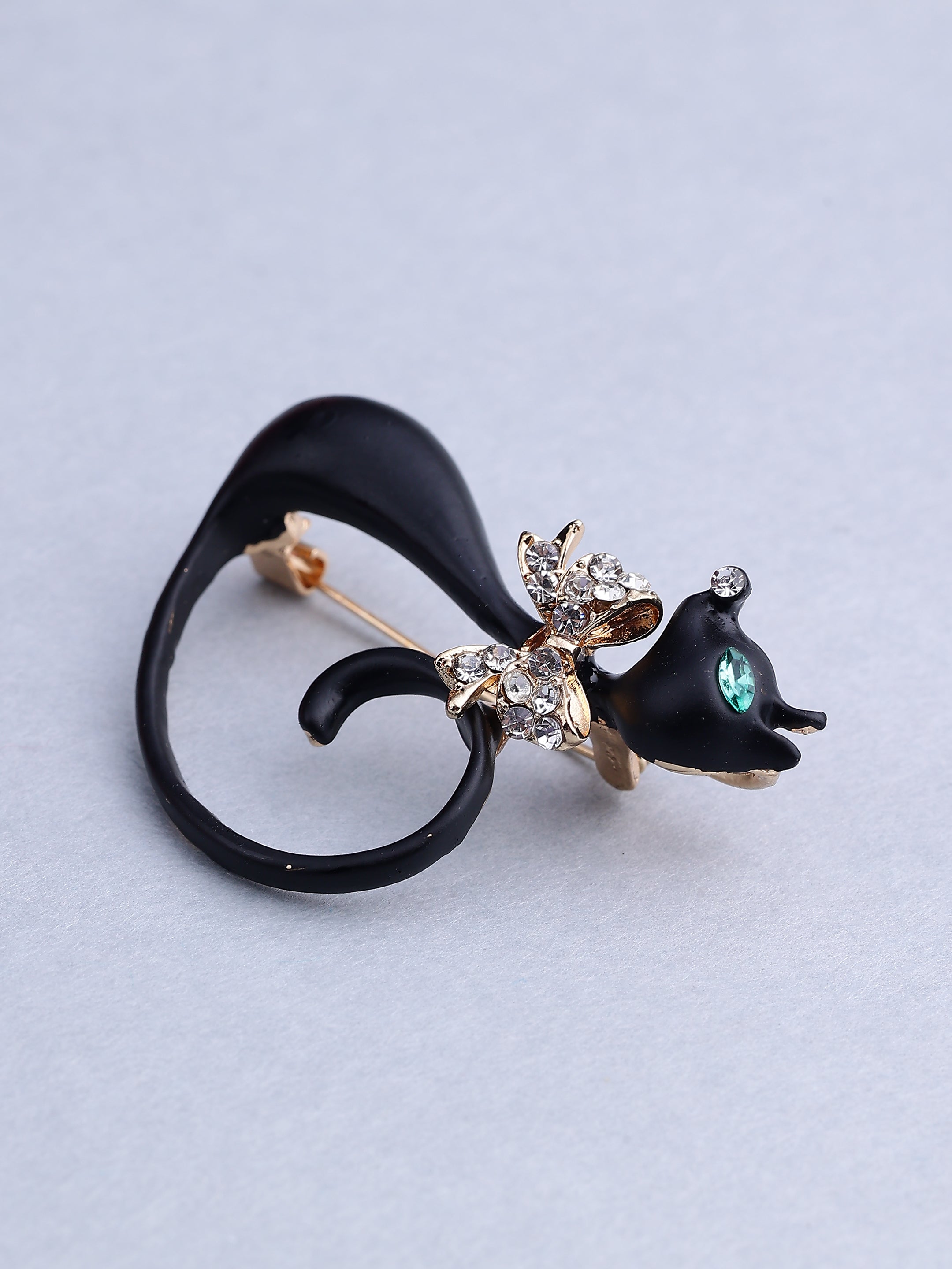 Elegant Black Cat Enamel Brooch