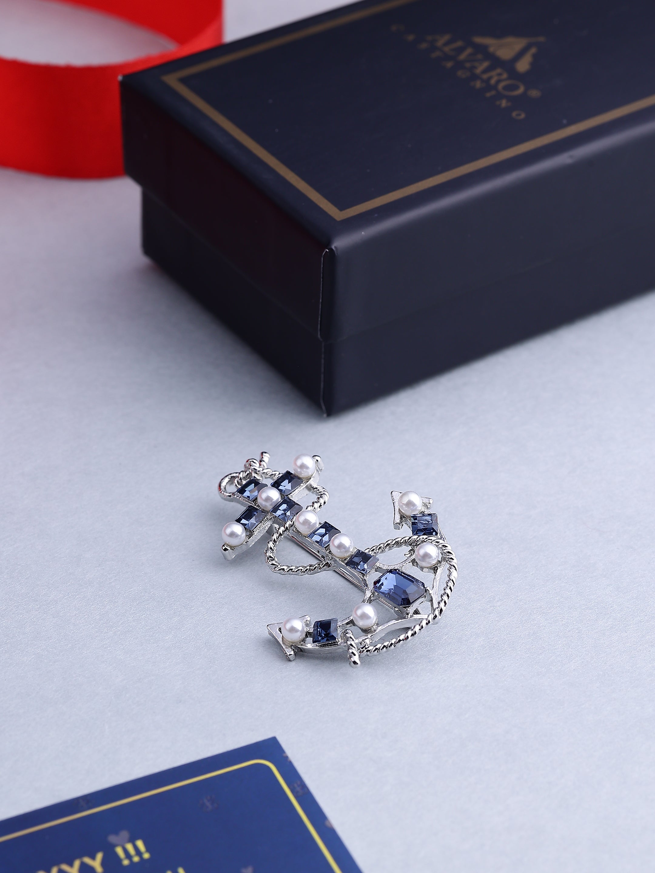 Nautical Crystal Anchor Brooch