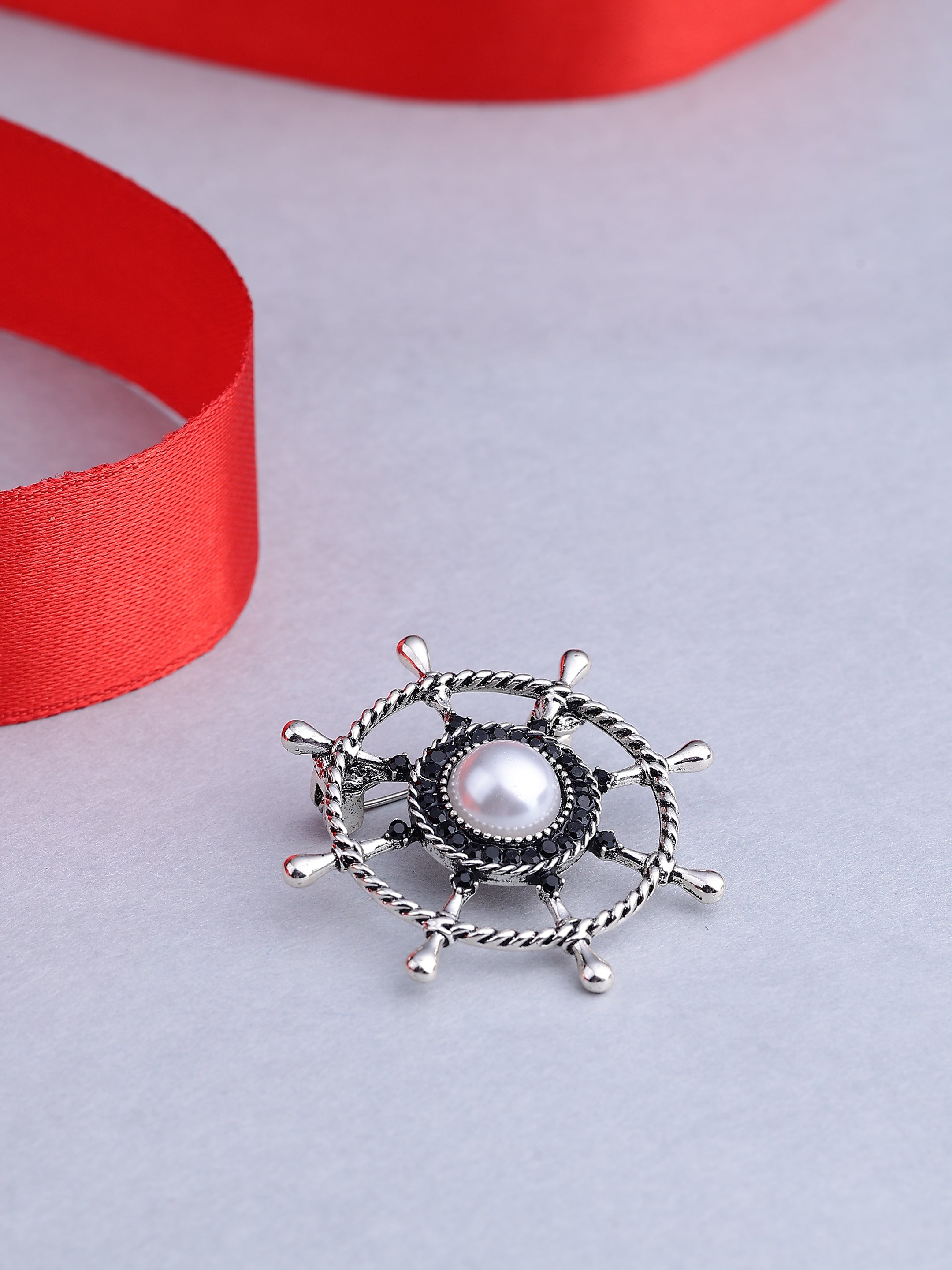 Nautical Crystal Ship Wheel Brooch