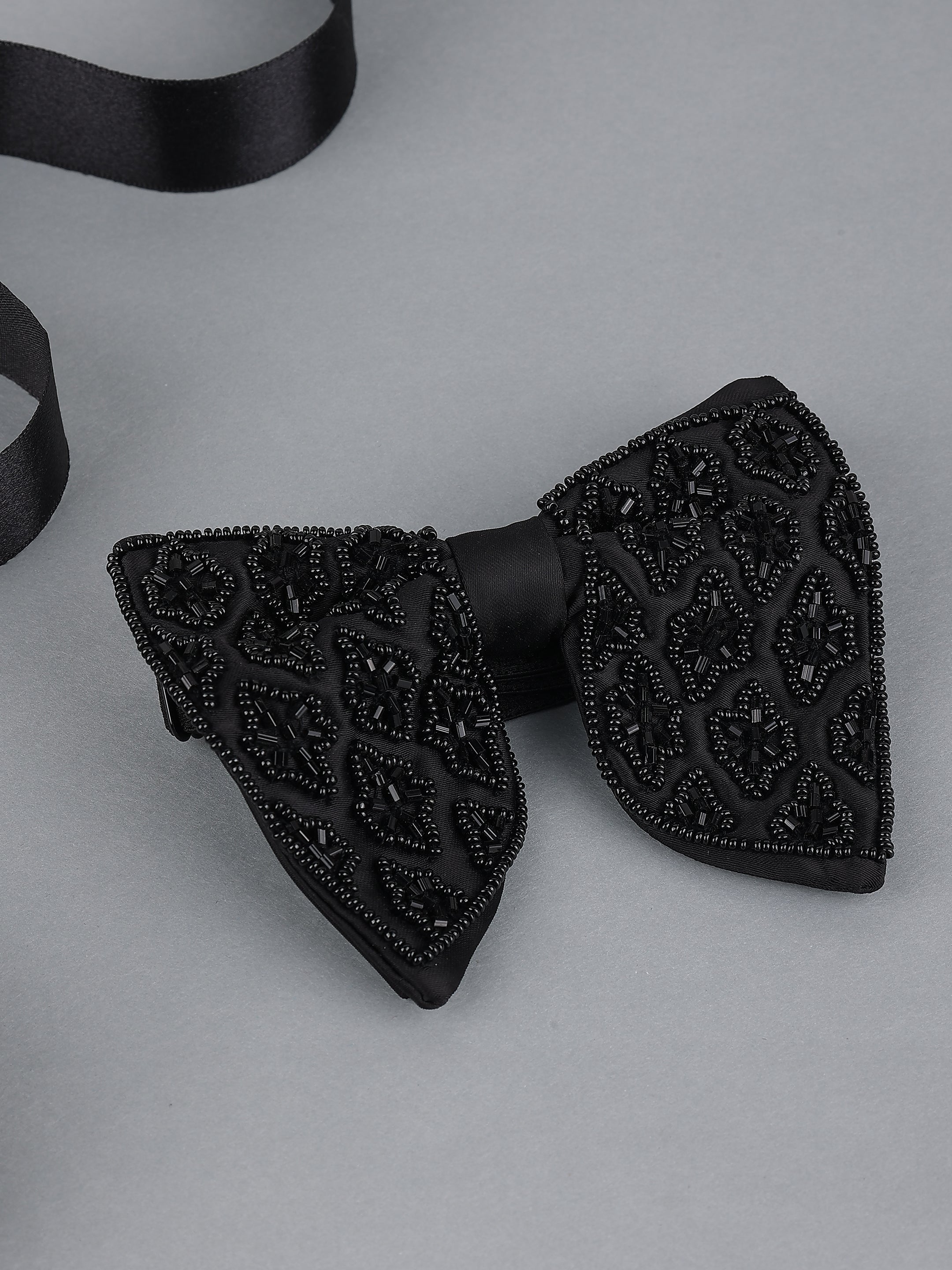 Black Embellished Floral Bow Tie