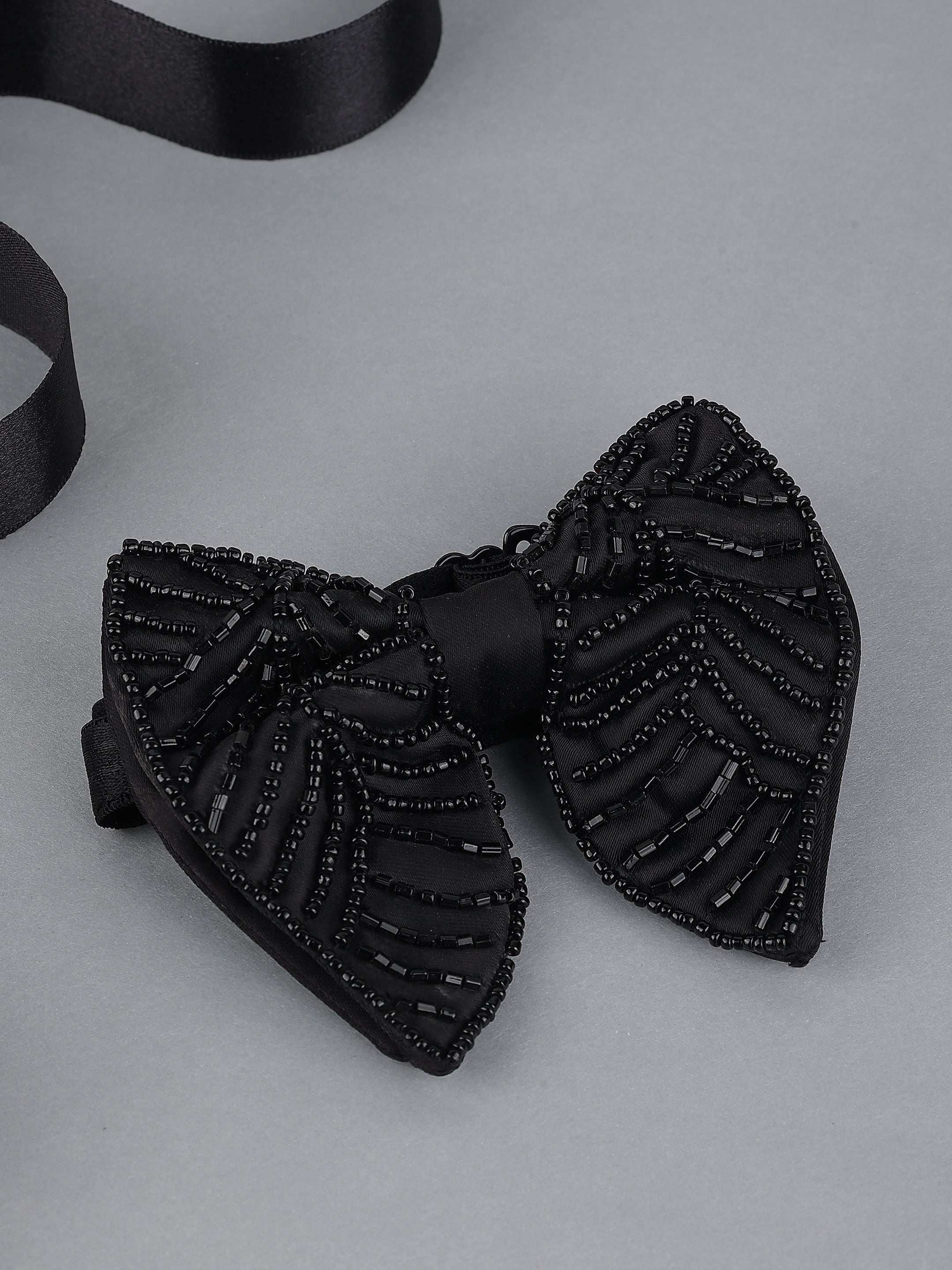 Black Embellished Leaf Bow Tie