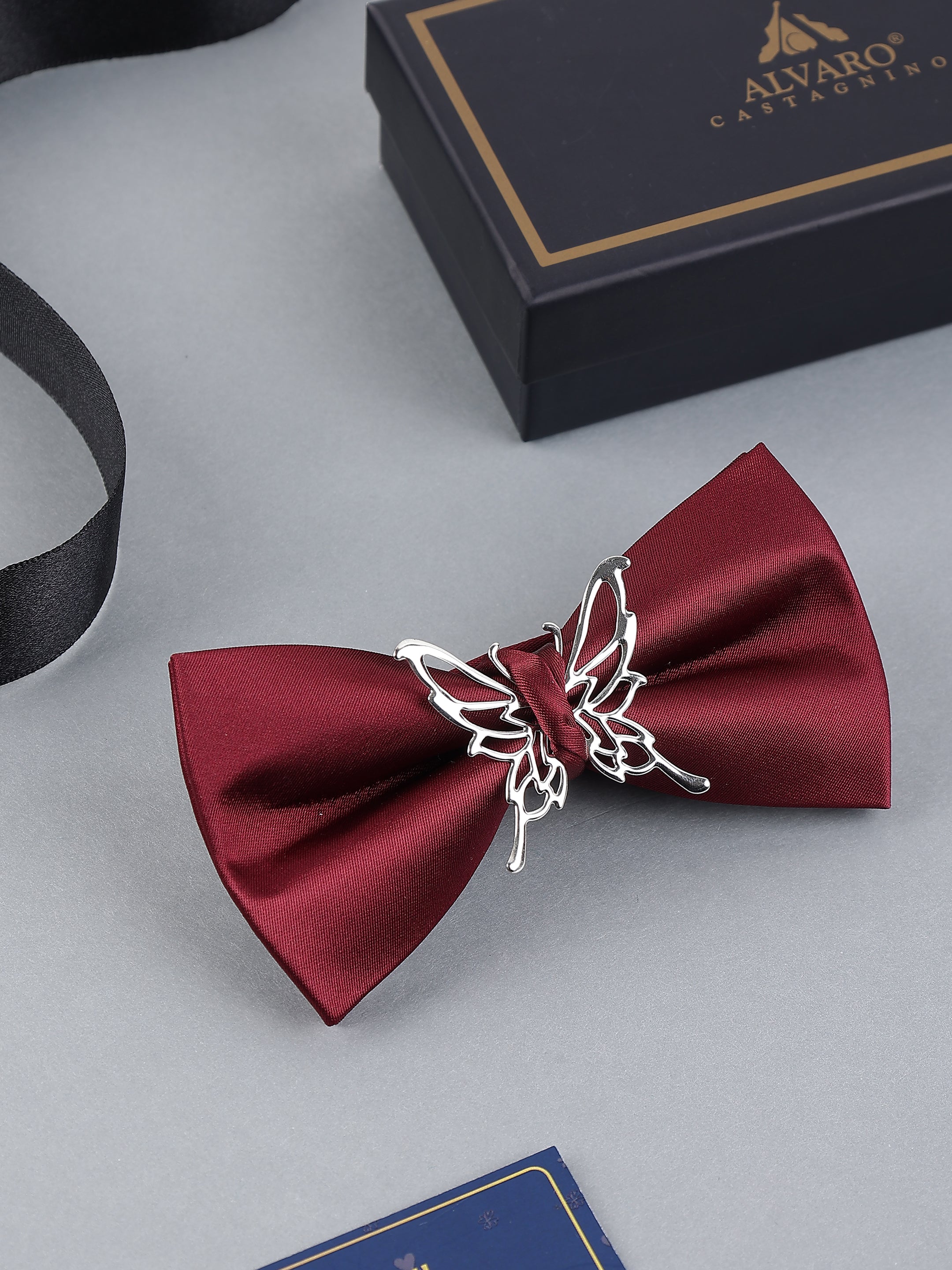 Maroon Silver Butterfly Bow Tie 