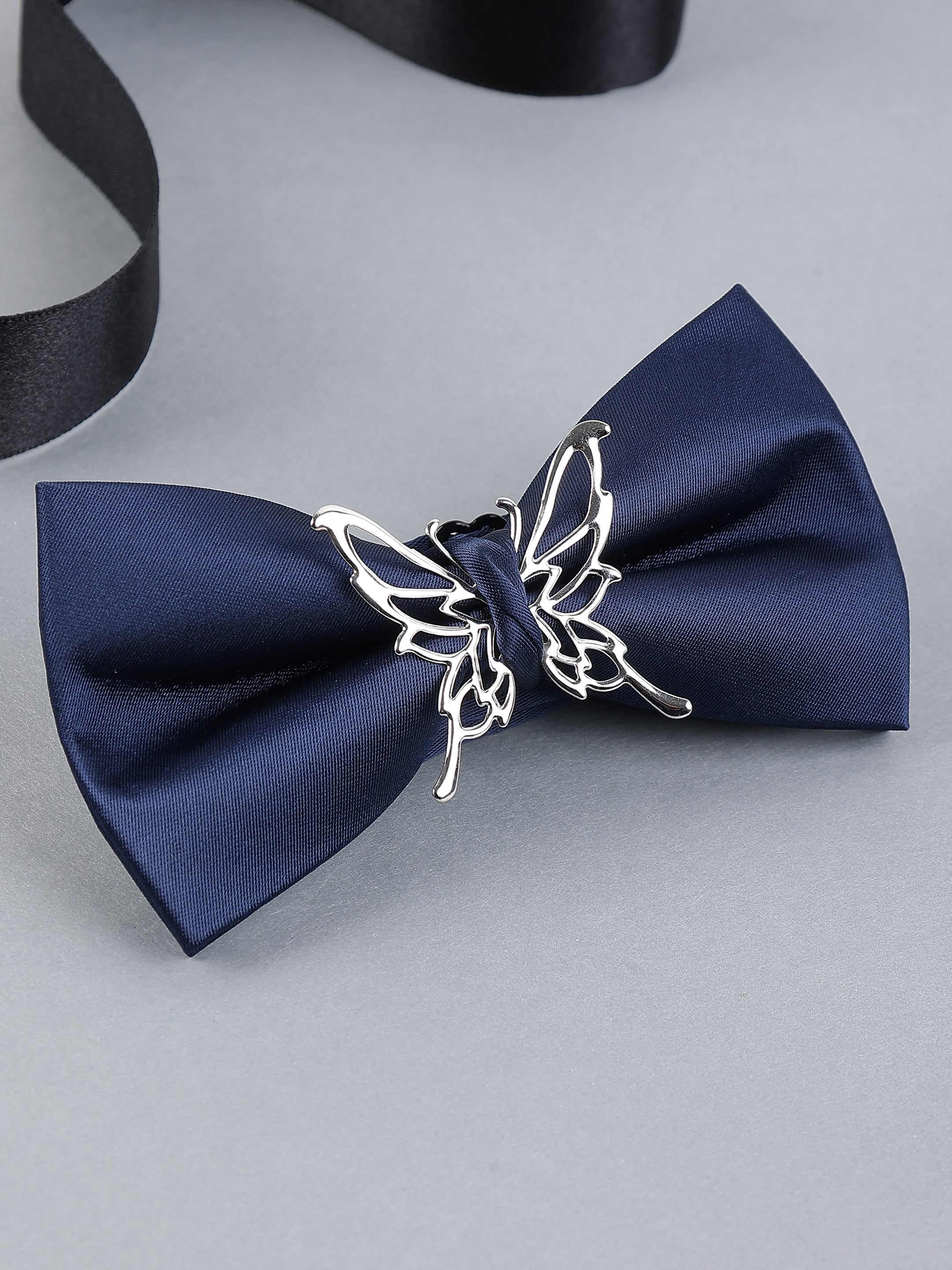 Navy Blue Butterfly Silver Bow Tie  