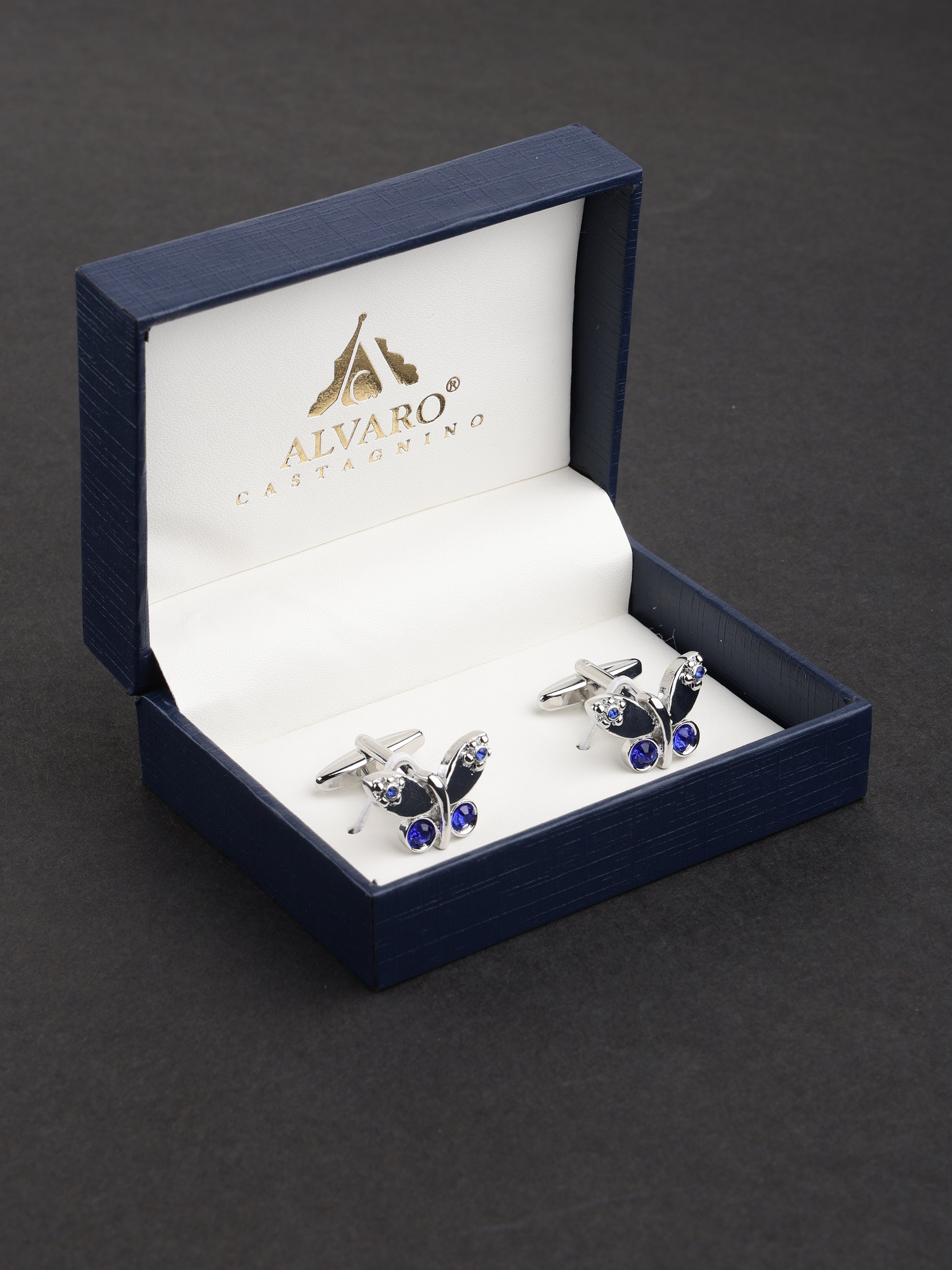 Silver Butterfly with Blue Crystals Cufflinks
