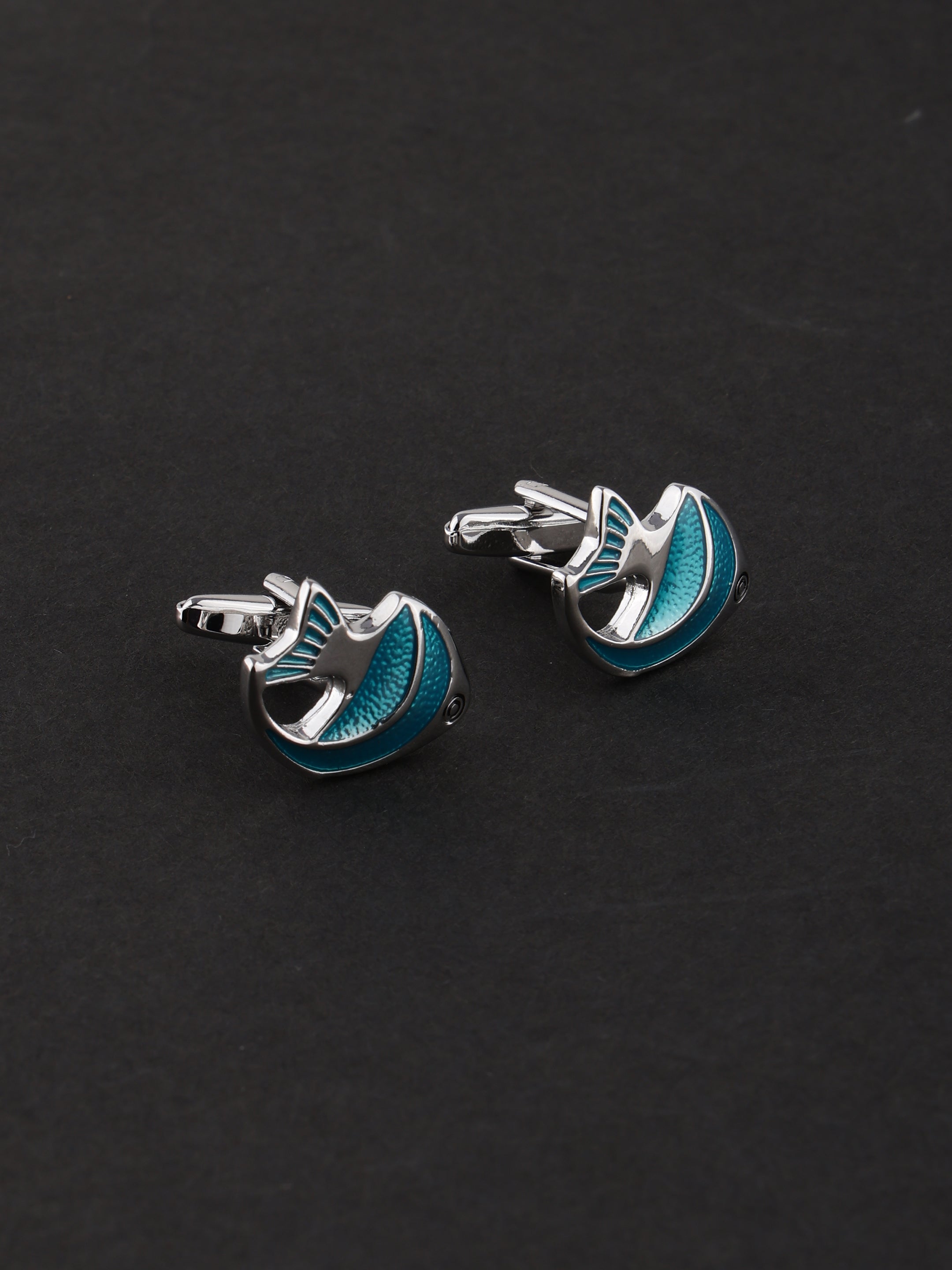 Sleek Silver-Toned and Teal Textured Marine-Inspired Men's Cufflinks