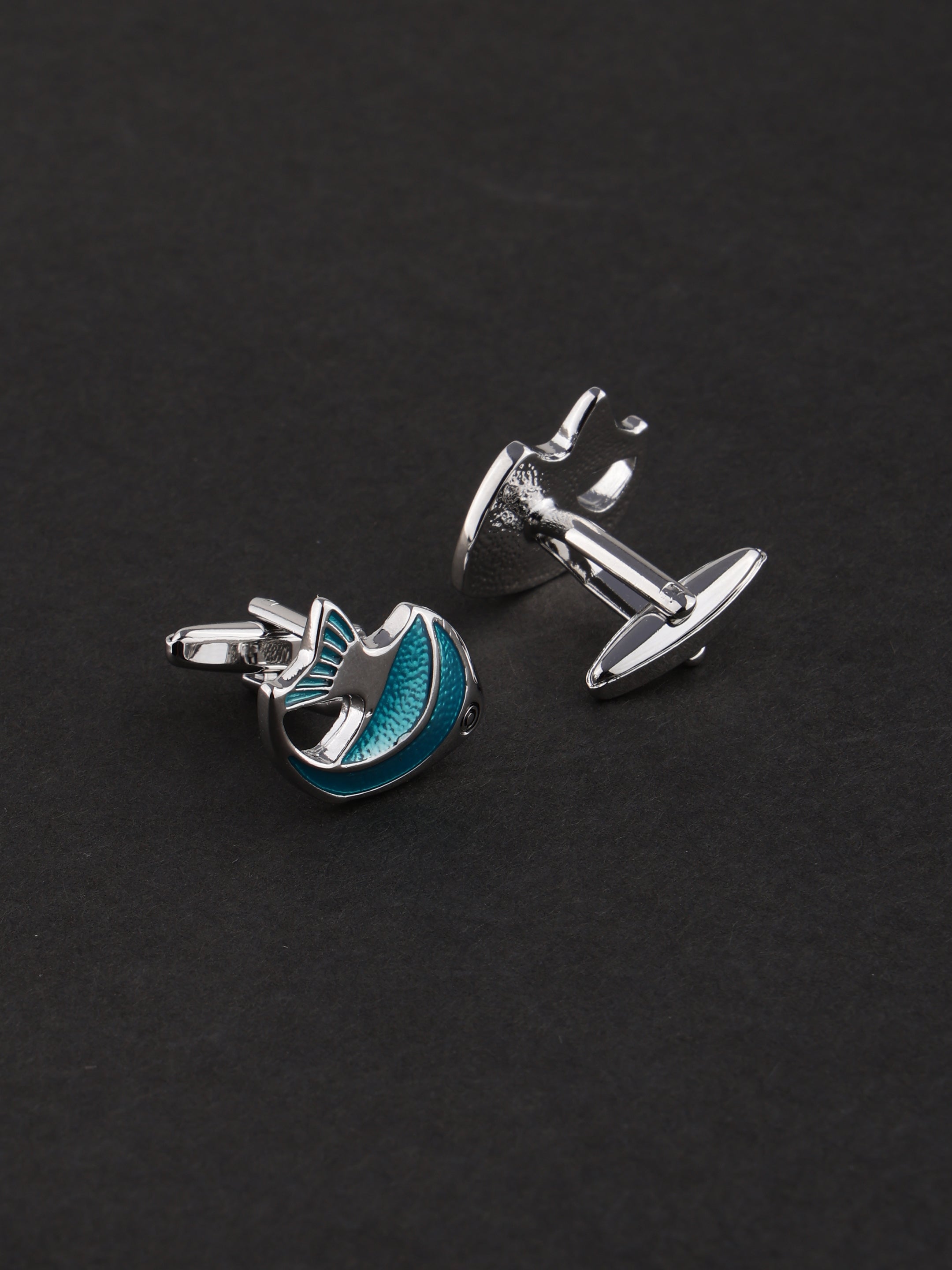 Sleek Silver-Toned and Teal Textured Marine-Inspired Men's Cufflinks