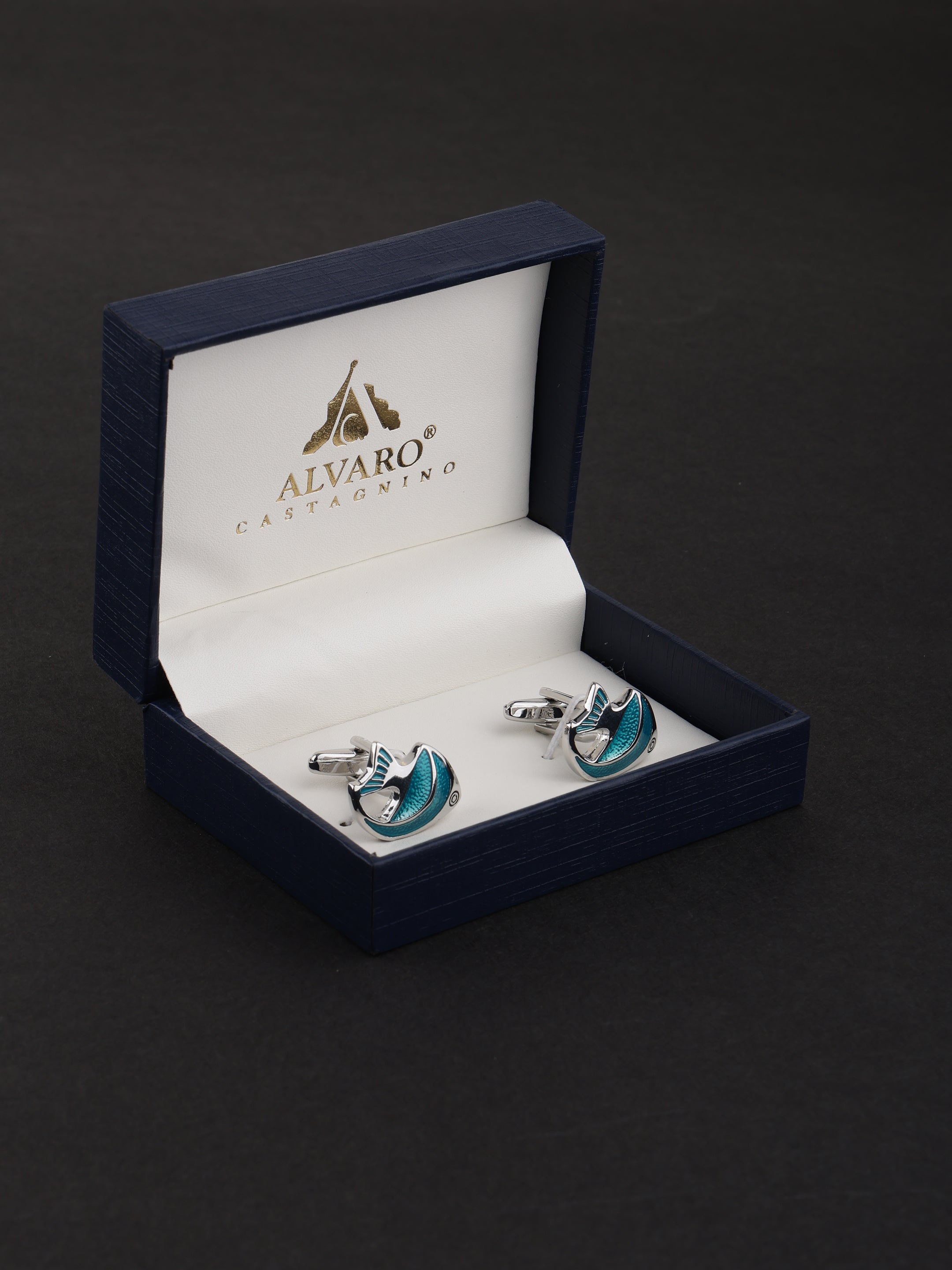 Sleek Silver-Toned and Teal Textured Marine-Inspired Men's Cufflinks