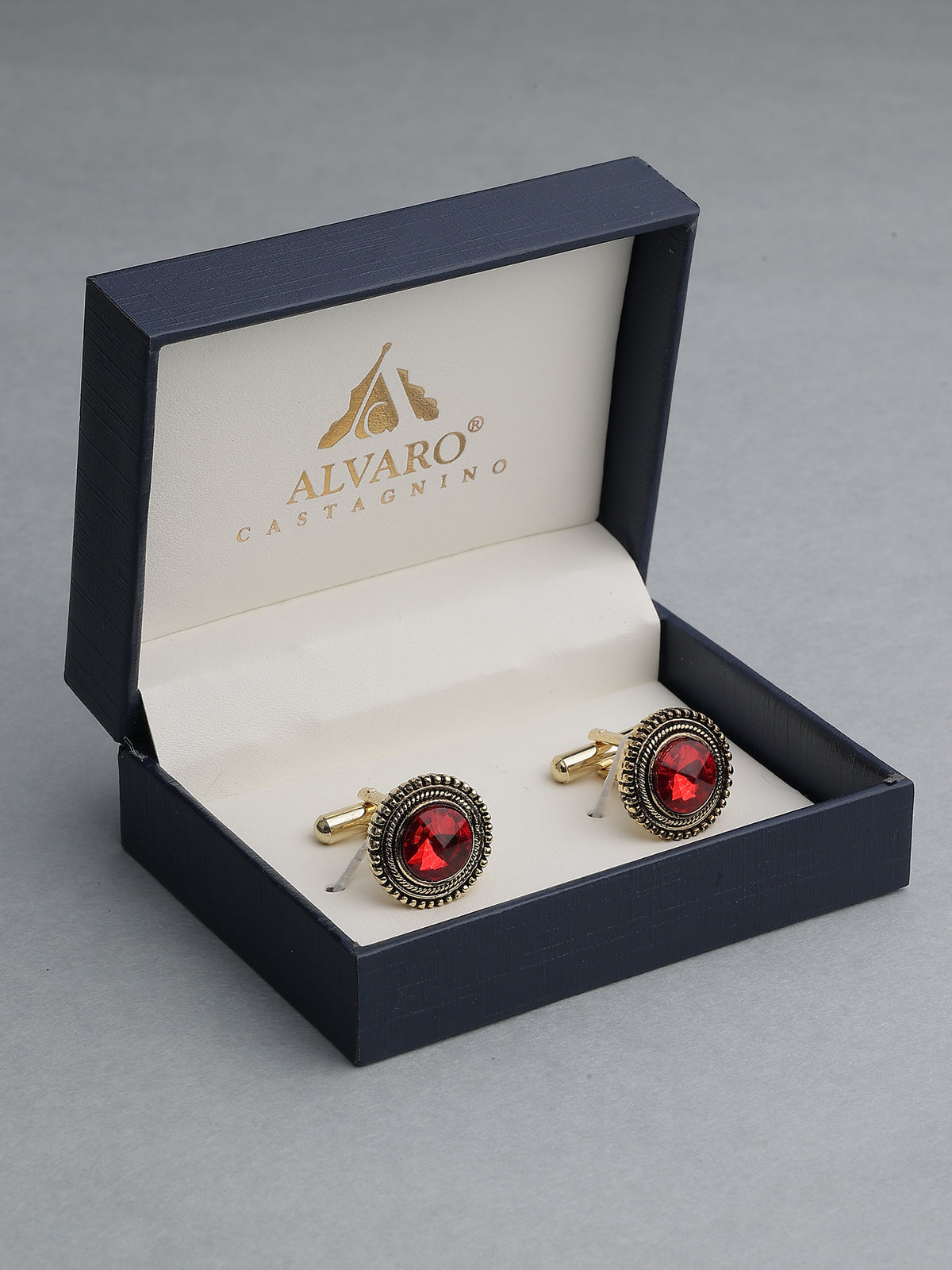 Antique Gold & Crimson Ruby Beaded Round Cufflinks