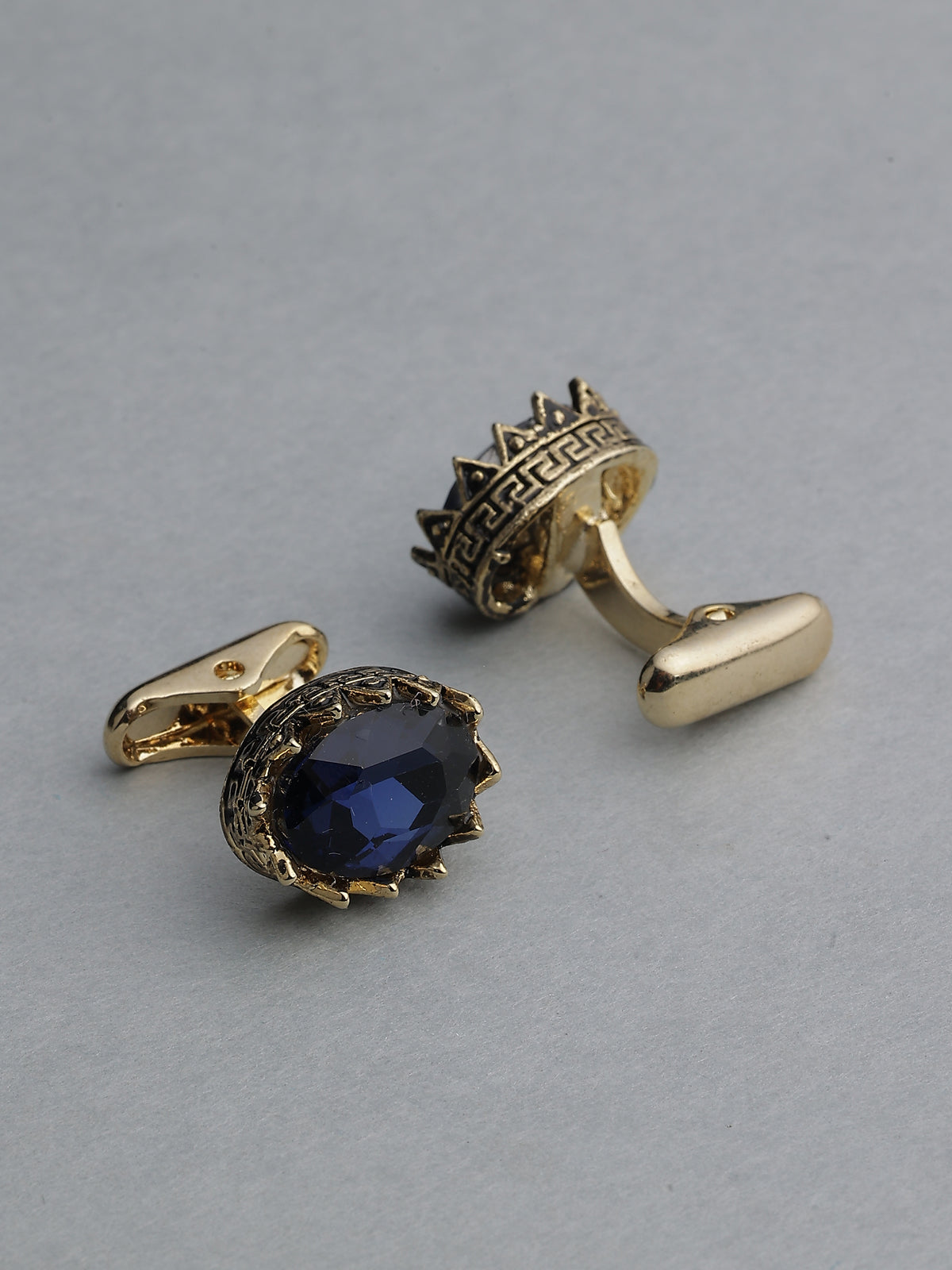 Gold-Tone Oval Sapphire Blue Crown-Set Cufflinks