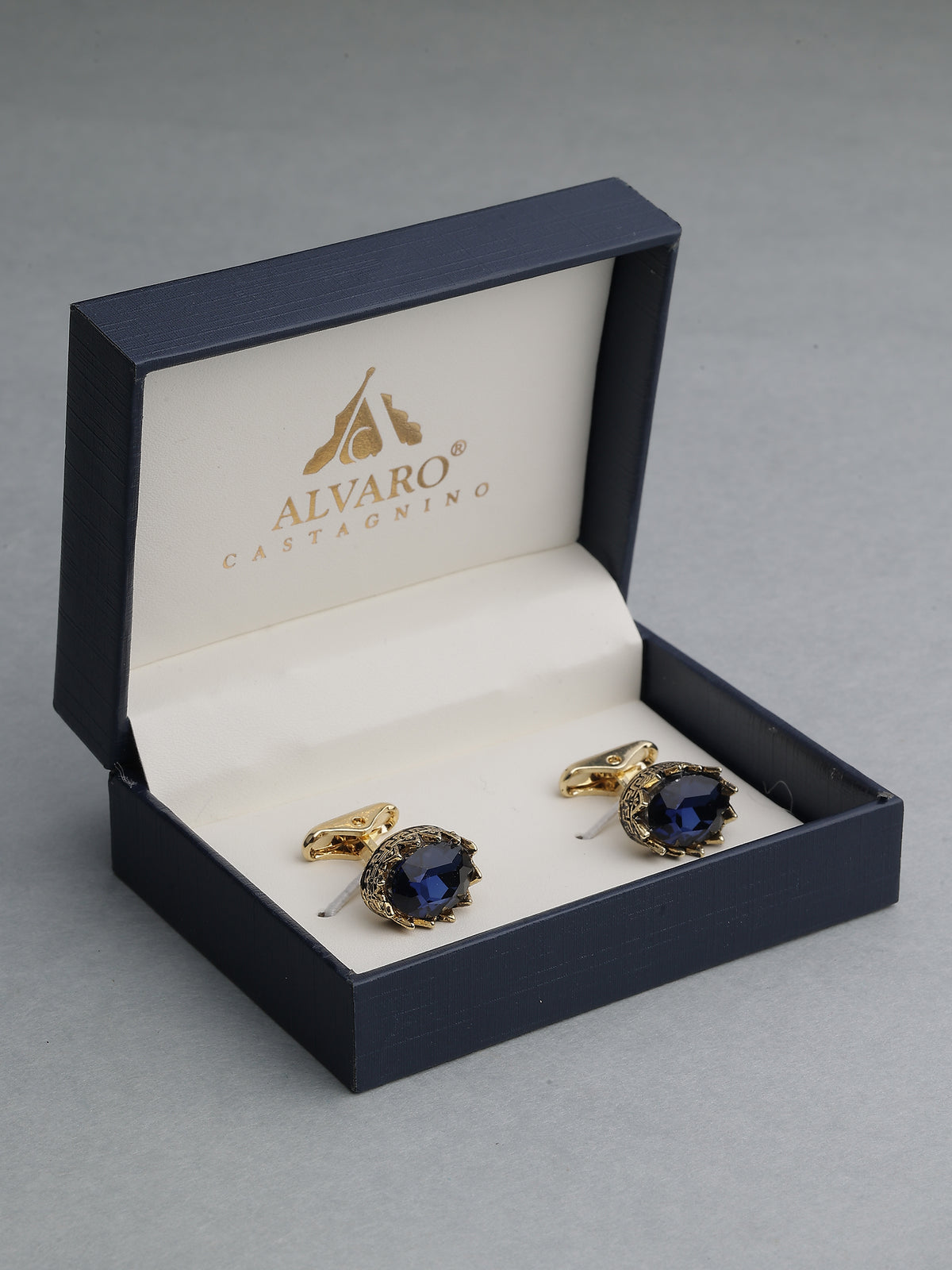 Gold-Tone Oval Sapphire Blue Crown-Set Cufflinks