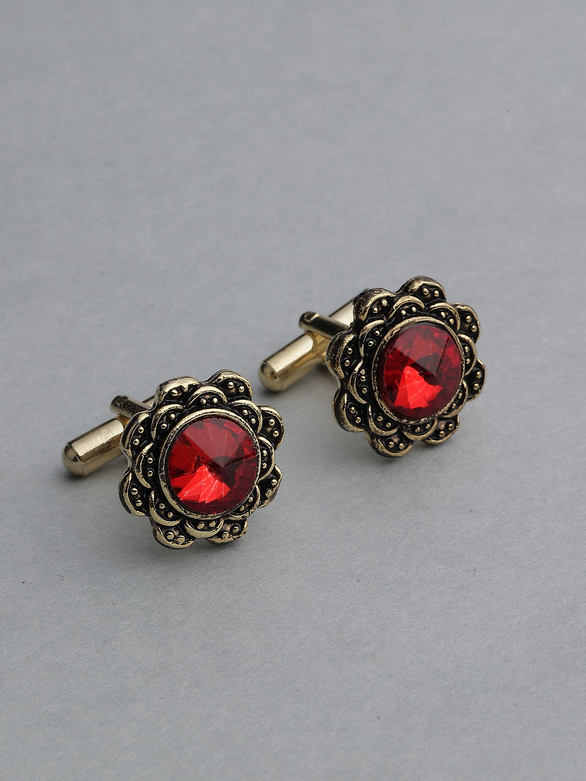 Antique Gold Floral Ruby Red Gemstone Cufflinks