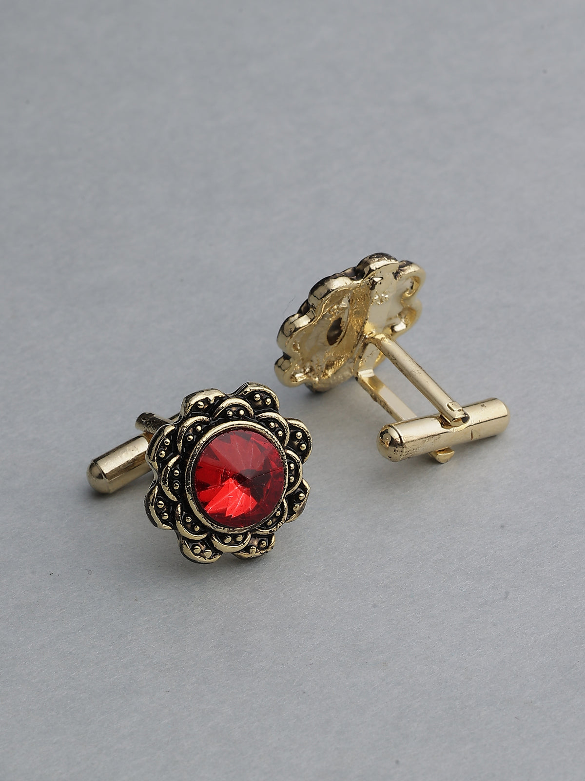 Antique Gold Floral Ruby Red Gemstone Cufflinks