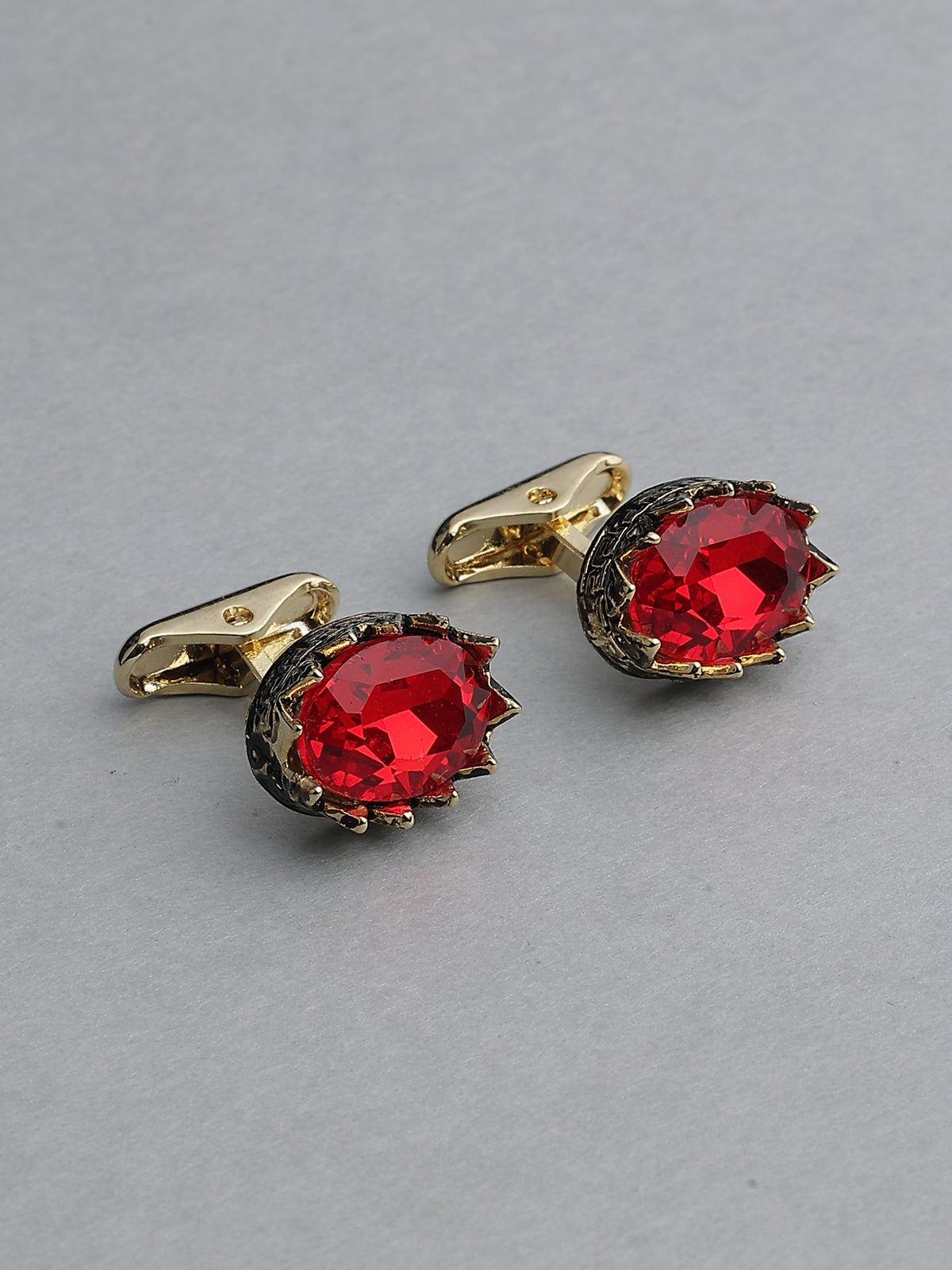 Gold-Tone Oval Crimson Ruby Crown-Set Cufflinks