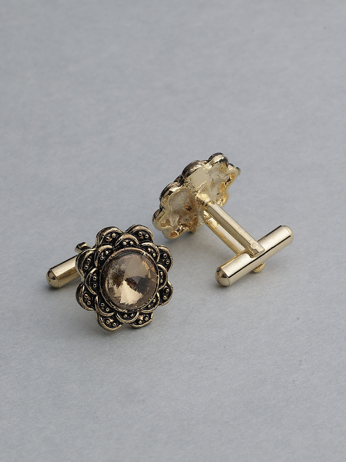 Antique Gold Floral Smoky Topaz Gemstone Cufflinks
