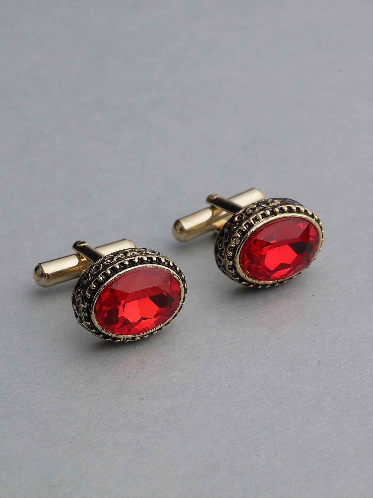 Antique Gold & Crimson Ruby Beaded Oval Cufflinks