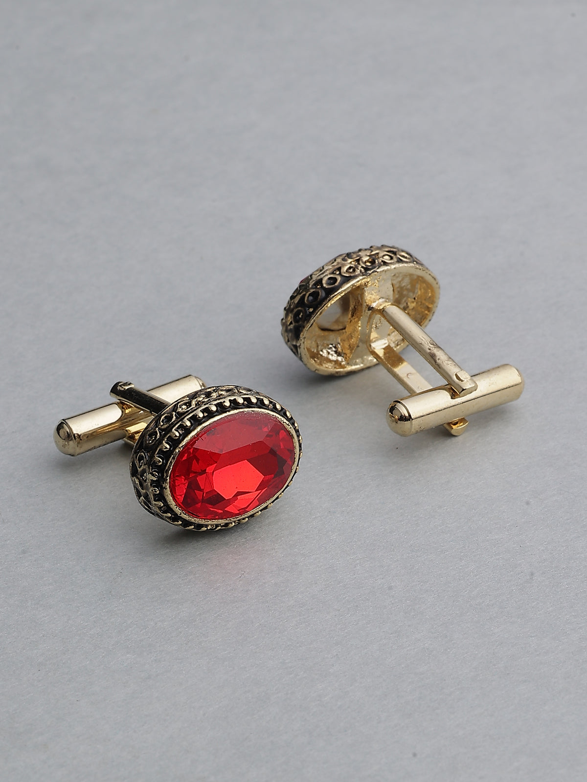 Antique Gold & Crimson Ruby Beaded Oval Cufflinks