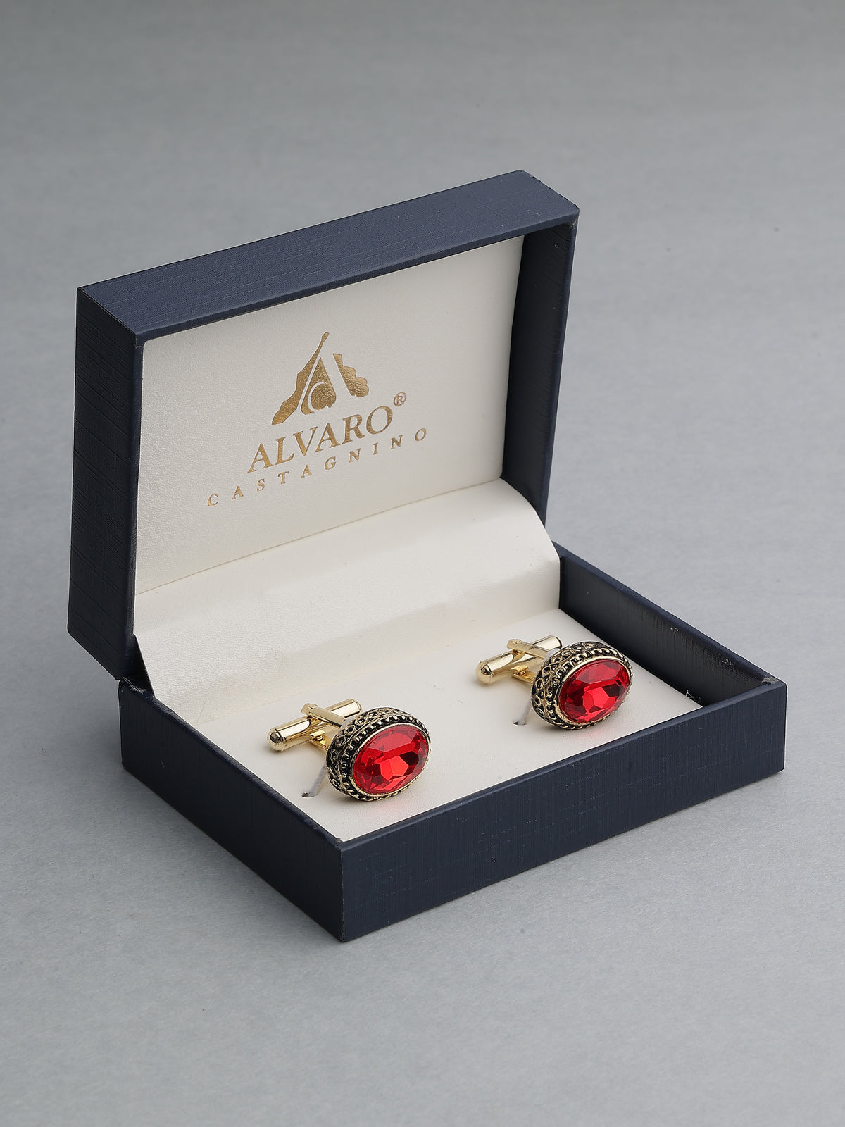 Antique Gold & Crimson Ruby Beaded Oval Cufflinks