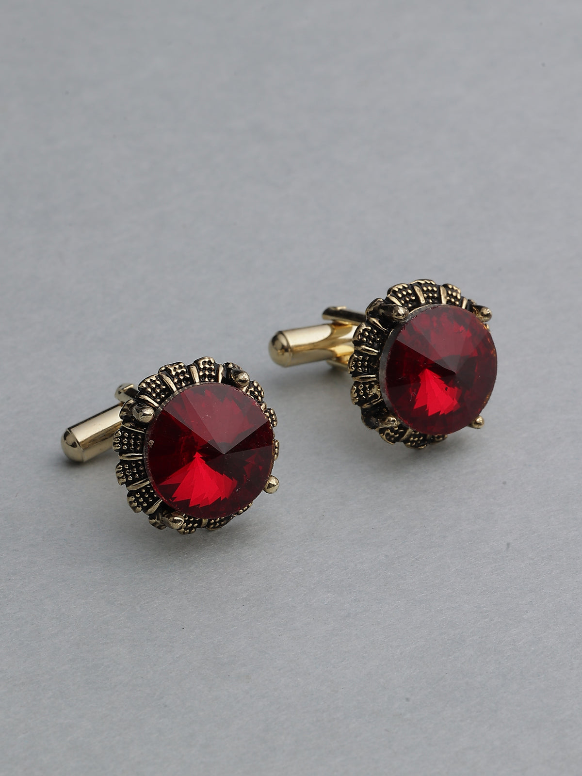 Antique Gold Crimson Ruby Crown-Set Round Cufflinks