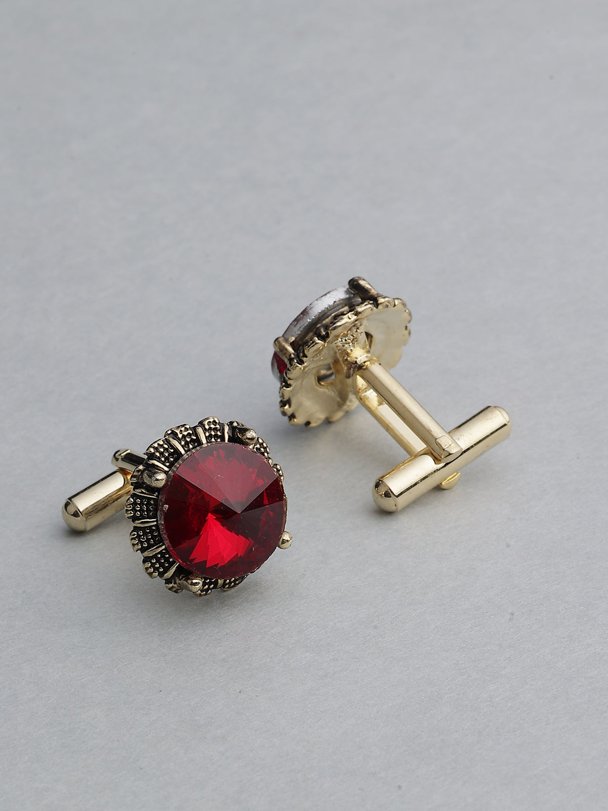 Antique Gold Crimson Ruby Crown-Set Round Cufflinks