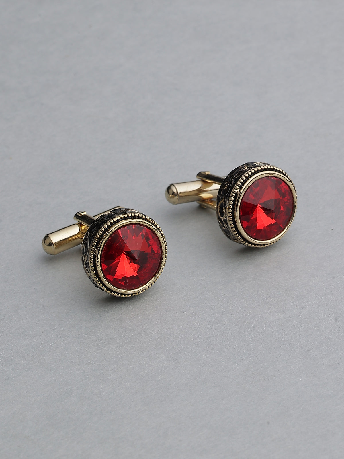 Antique Gold & Crimson Ruby Beaded Round Cufflinks