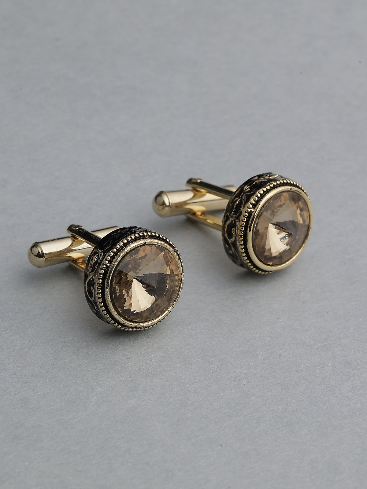 Antique Gold & Smoky Topaz Beaded Round Cufflinks