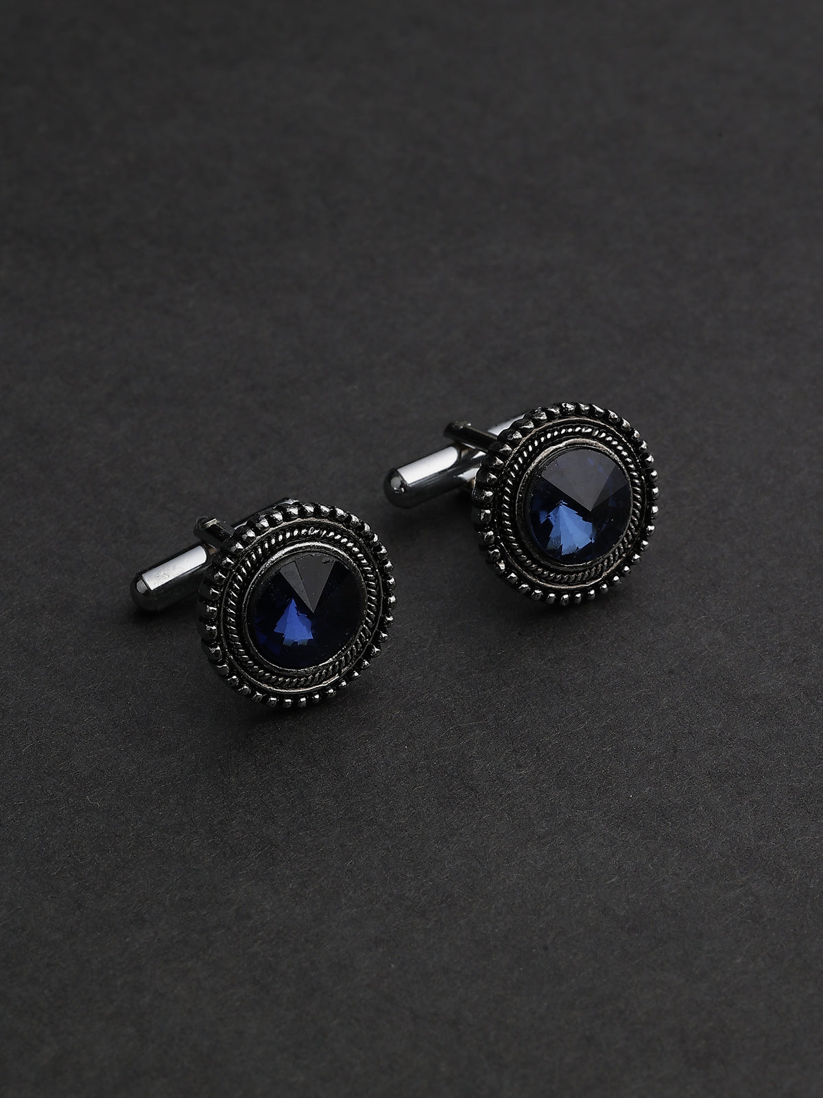 Antique Silver & Sapphire Blue Beaded Round Cufflinks