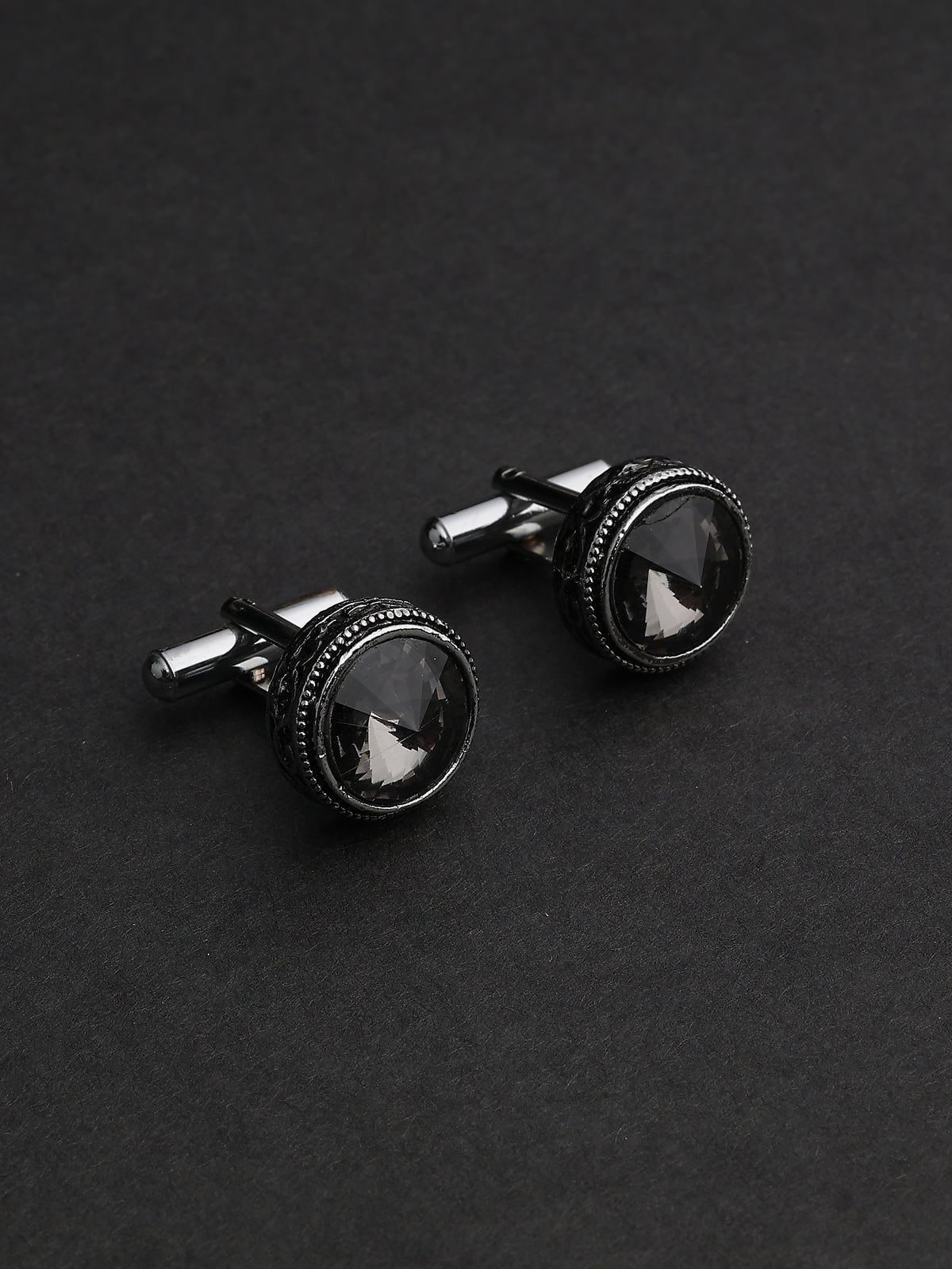 Antique Silver & Charcoal Crystal Beaded Round Cufflinks
