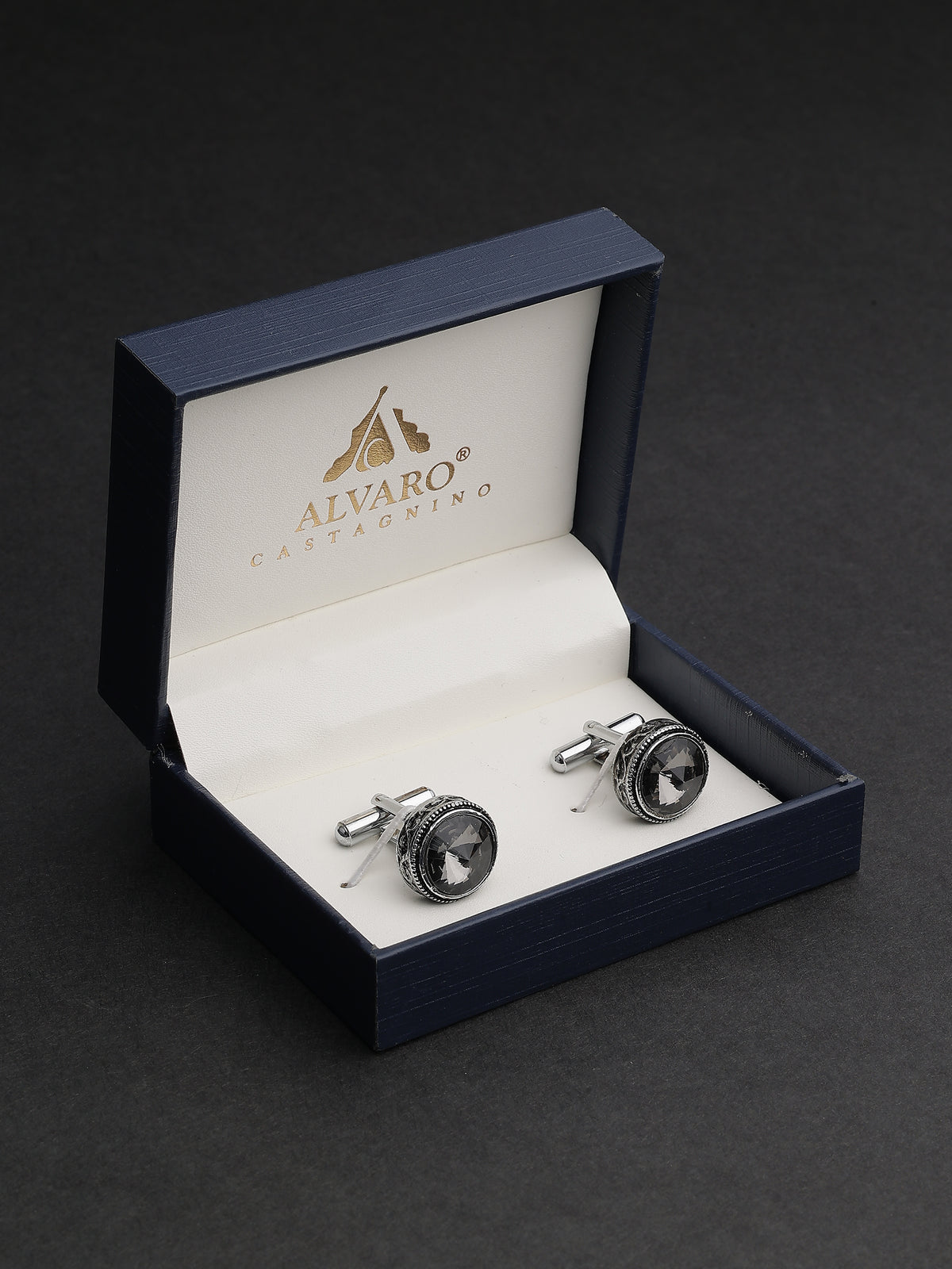 Antique Silver & Charcoal Crystal Beaded Round Cufflinks