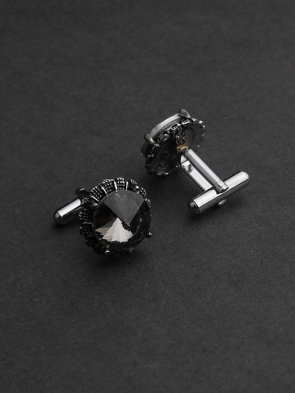 Antique Silver Charcoal Crystal Crown-Set Cufflinks