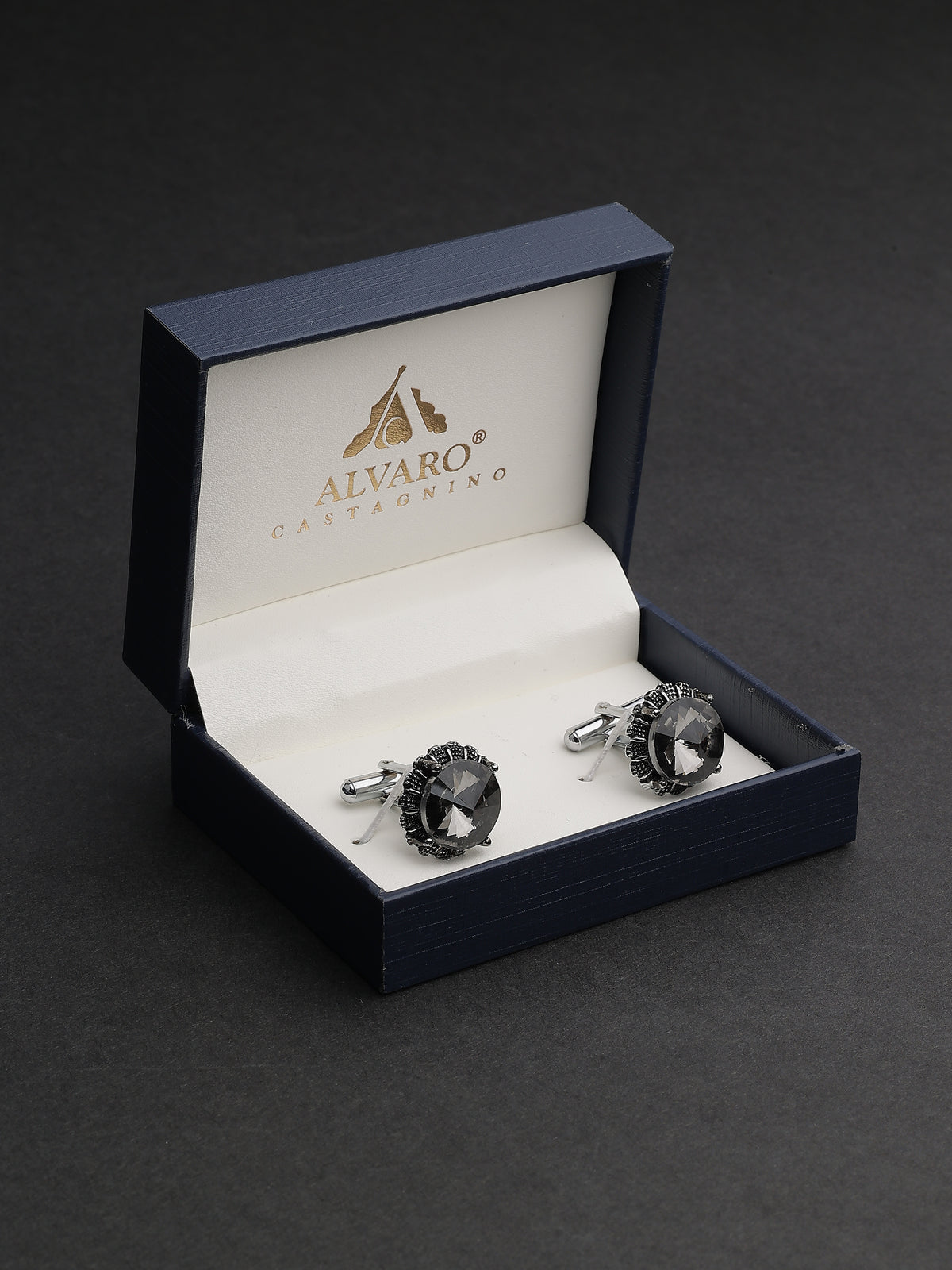 Antique Silver Charcoal Crystal Crown-Set Cufflinks