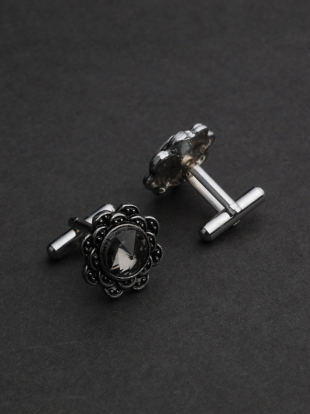 Antique Silver Floral Charcoal Crystal Cufflinks