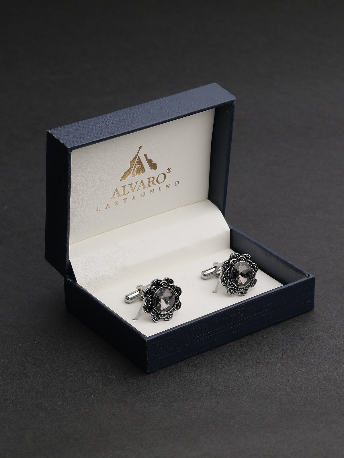 Antique Silver Floral Charcoal Crystal Cufflinks