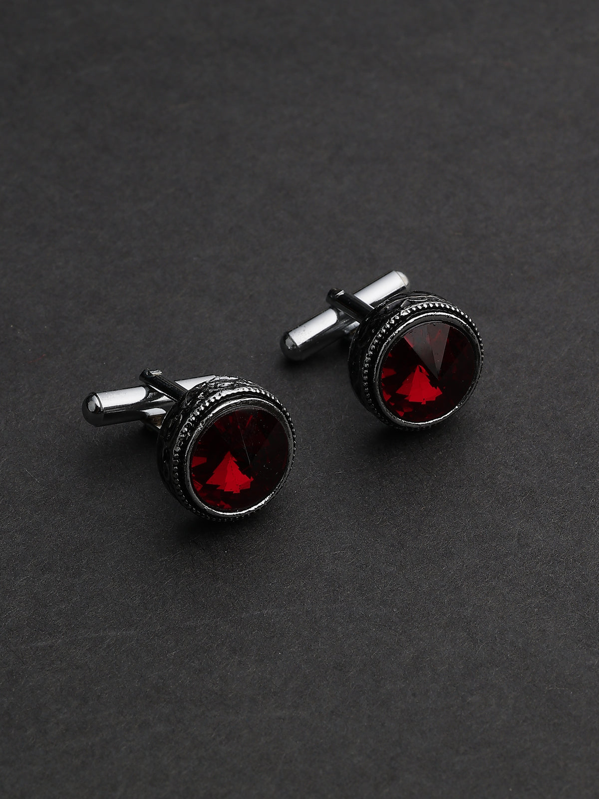 Antique Silver & Crimson Ruby Beaded Round Cufflinks